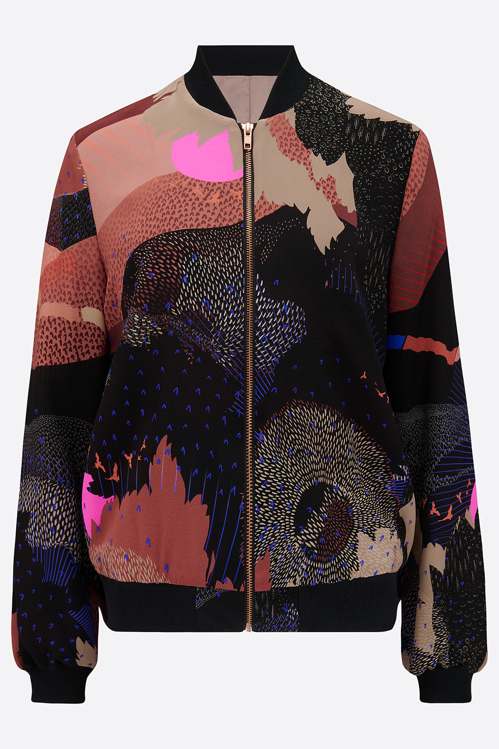 The front of a silk bomber jacket in black and pink with a landscape design and bright pink suns