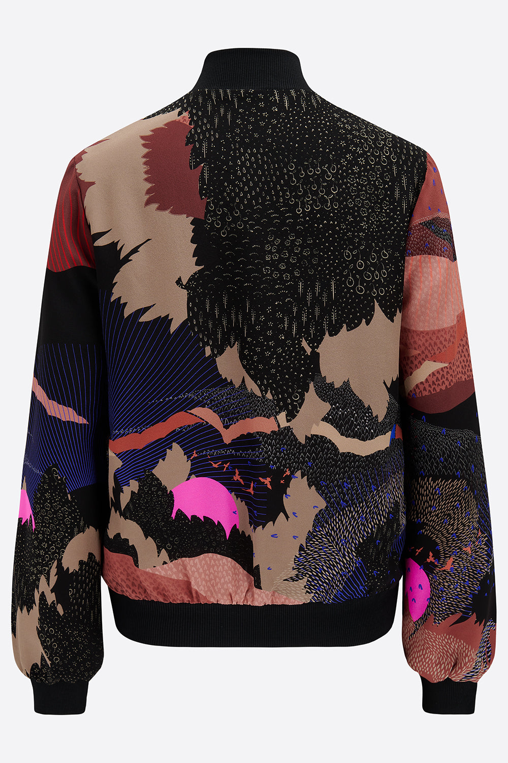 The back of a silk bomber jacket in black and pink with a landscape design and bright pink suns