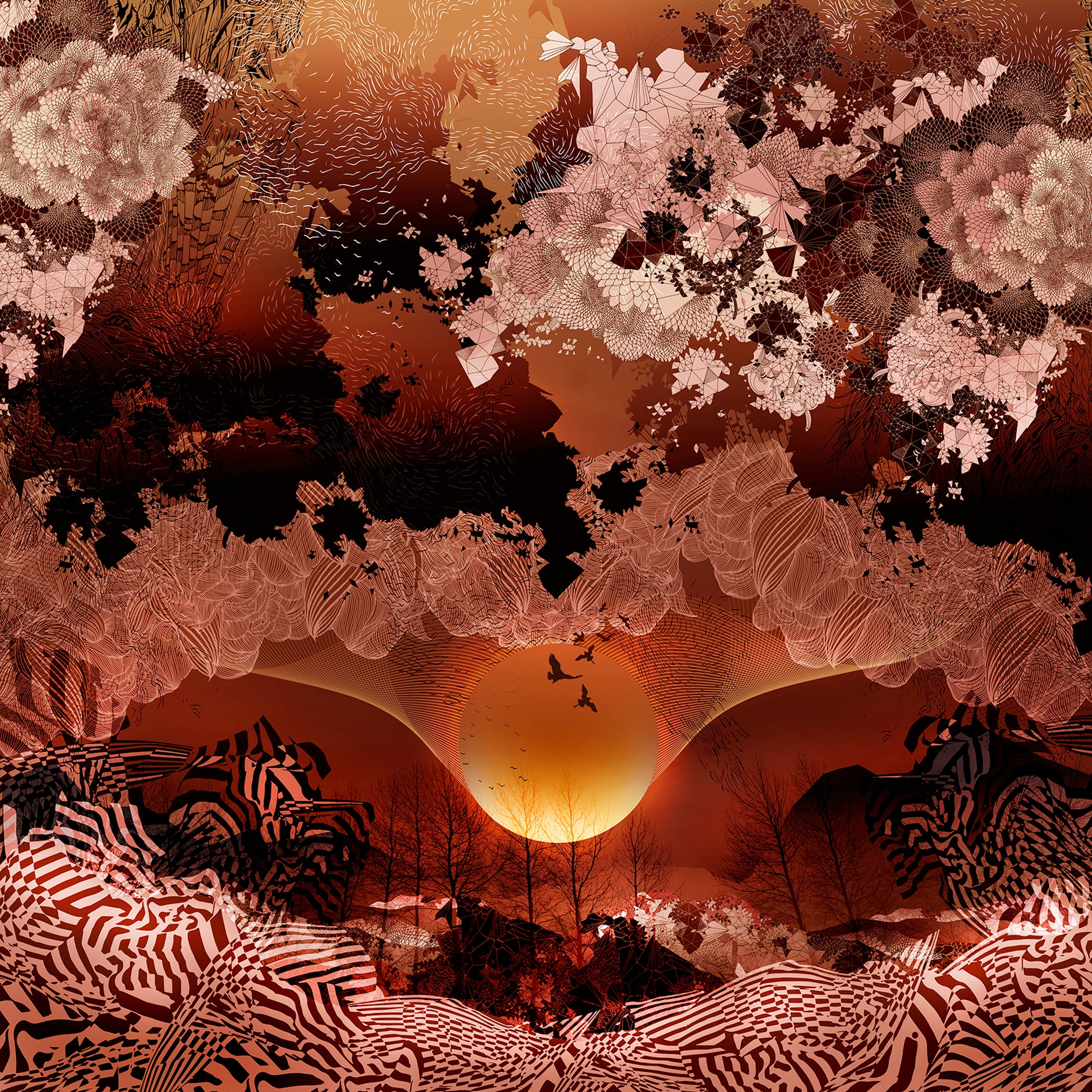 Full size print of Autumn Moon with deep reds and oranges, a sunset design and geometric patterns
