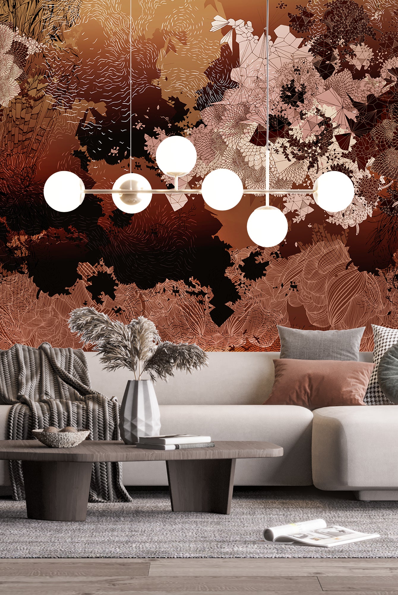 Mural wallpaper in situ in deep reds and oranges with geometric floral design