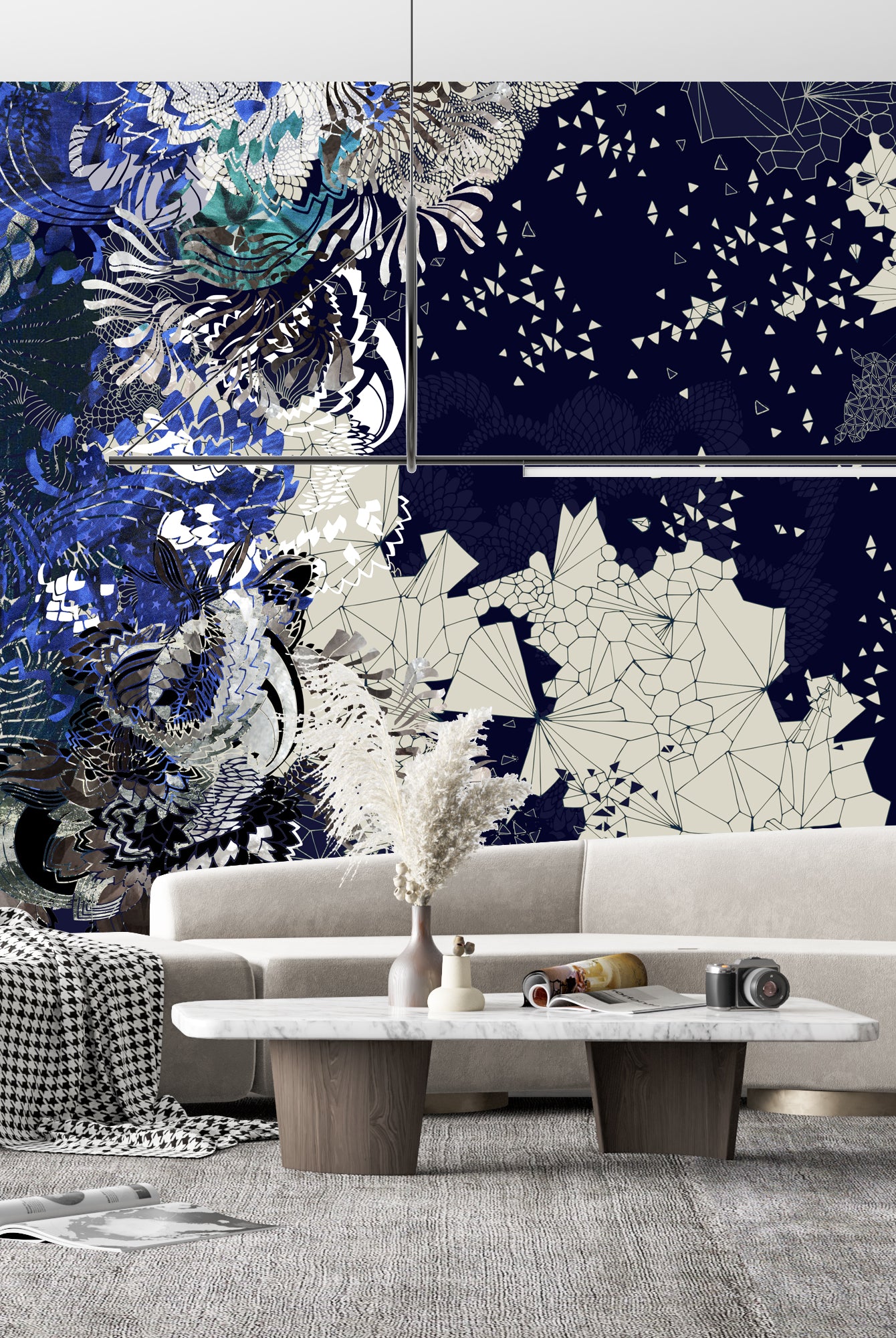 The colette print shown as a mural wallpaper inside a room