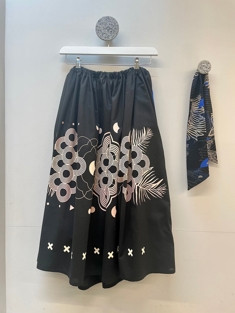 An organic cotton handprinted skirt in black and white