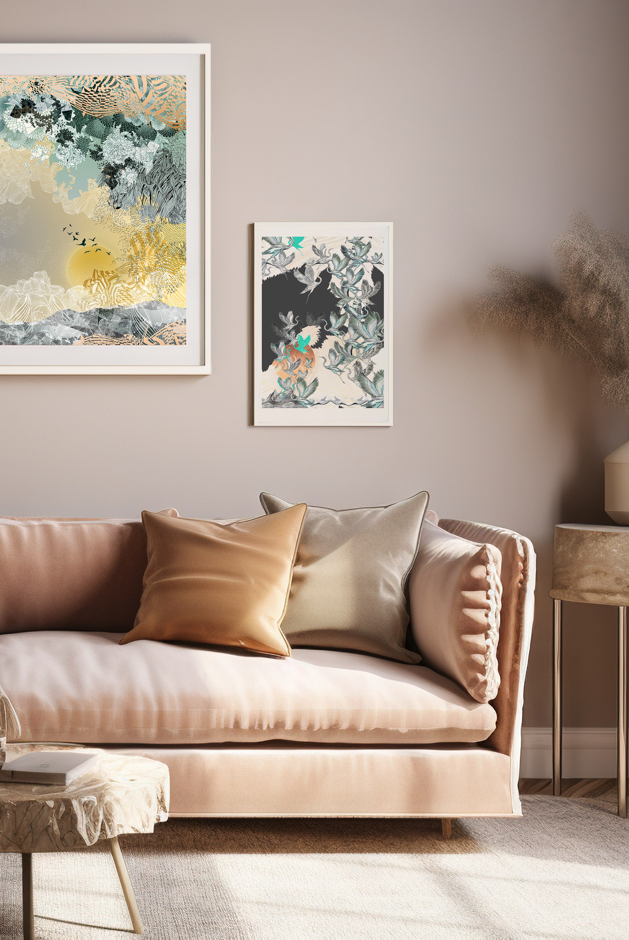 A mock up of a Giclee print in a white frame on a wall in front of a sofa