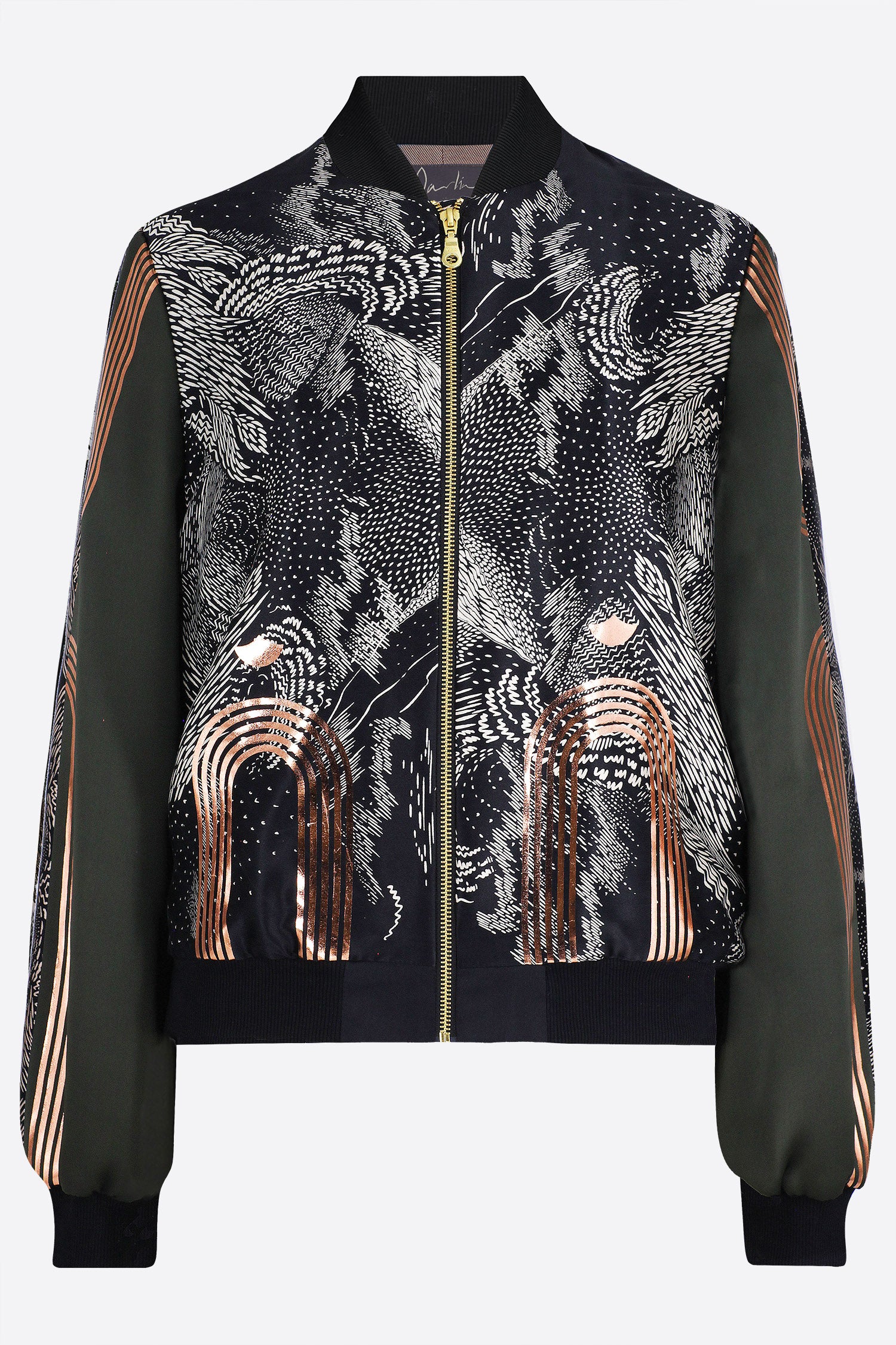 The front of a hand printed silk bomber bomber jacket with hand printed designs in black, olive green and rose gold