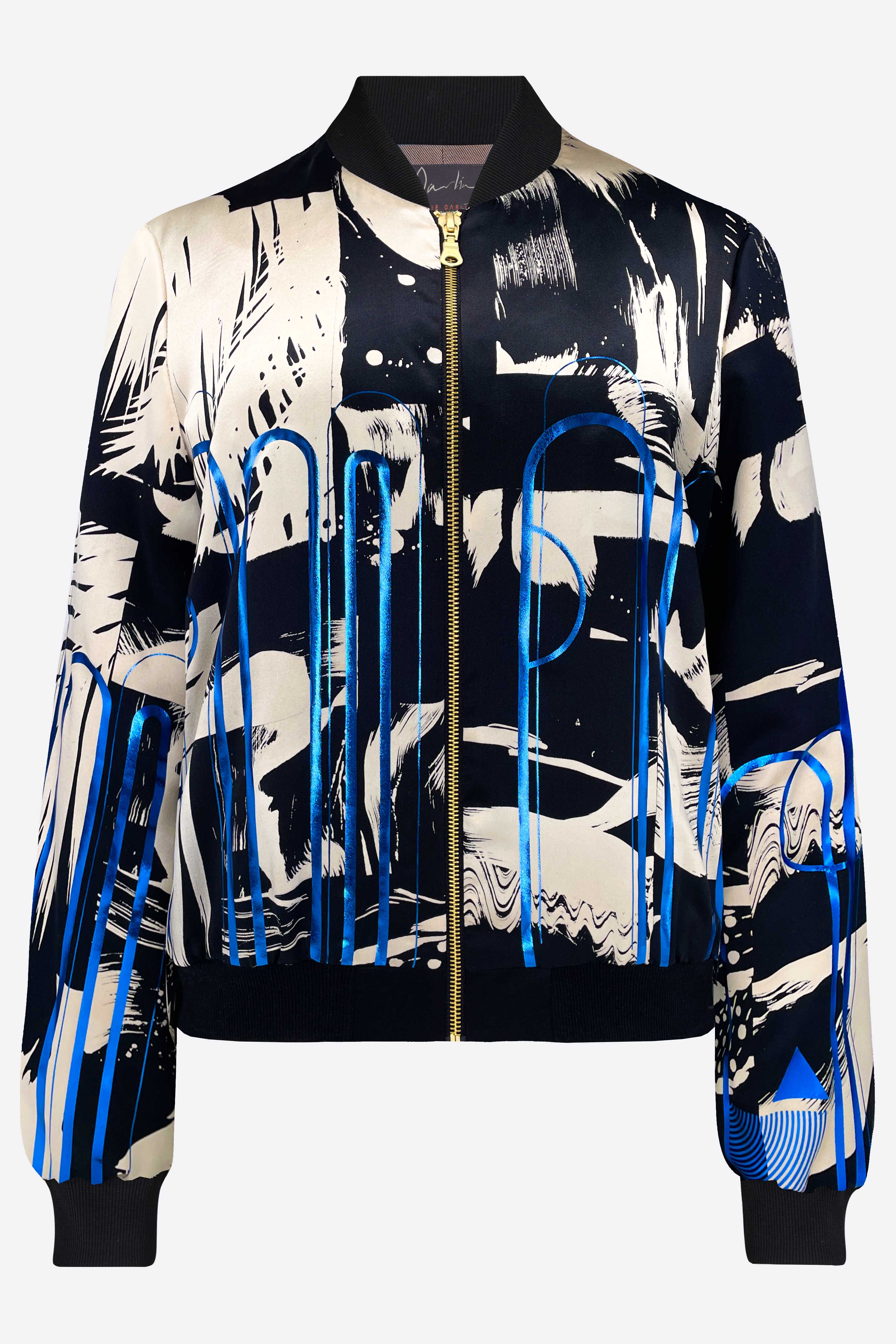 Silk bomber jacket with abstract white, black and blue patterns on a white background