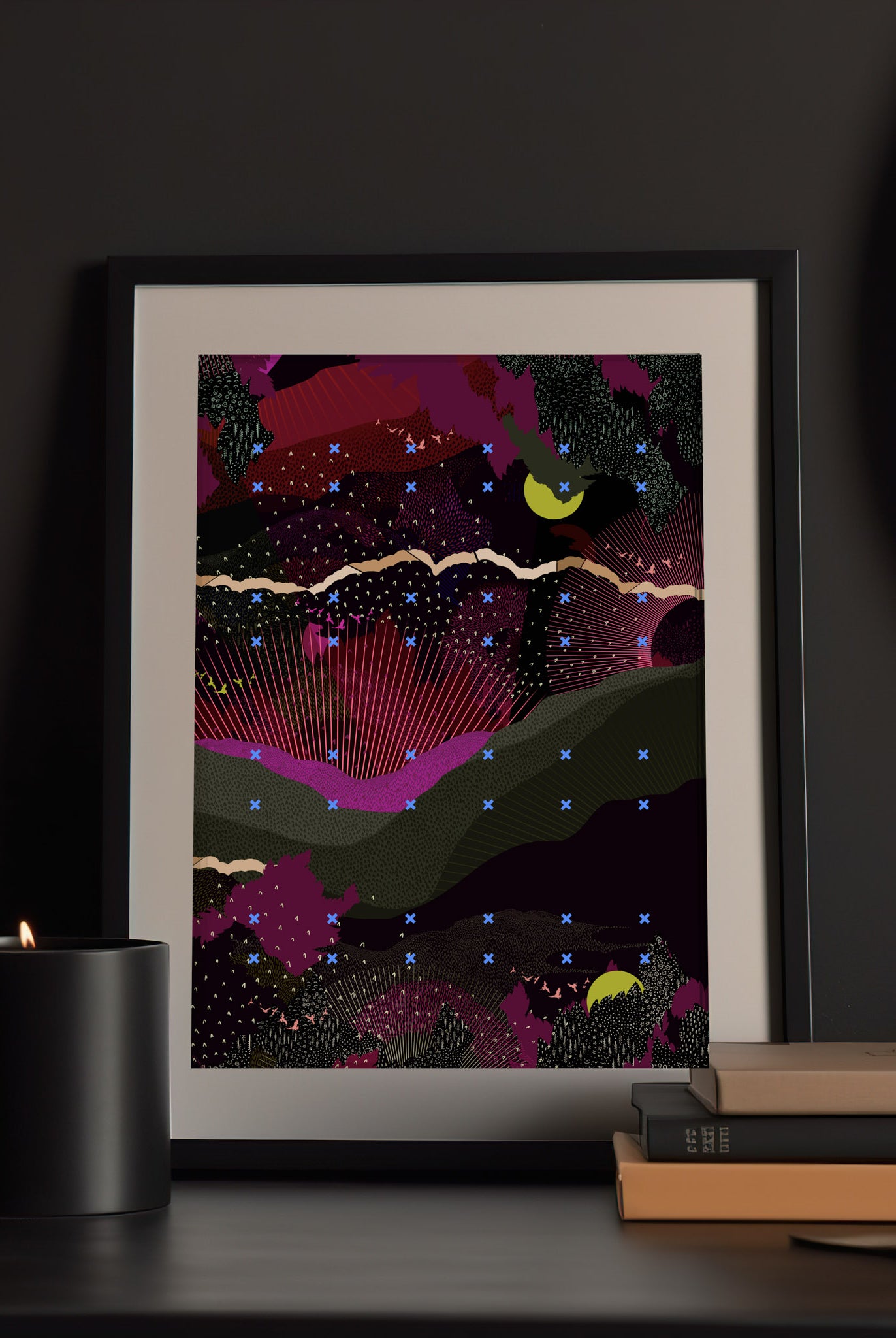 A mock up of a giclee print with landscape design in greens and pinks with lime green moon details