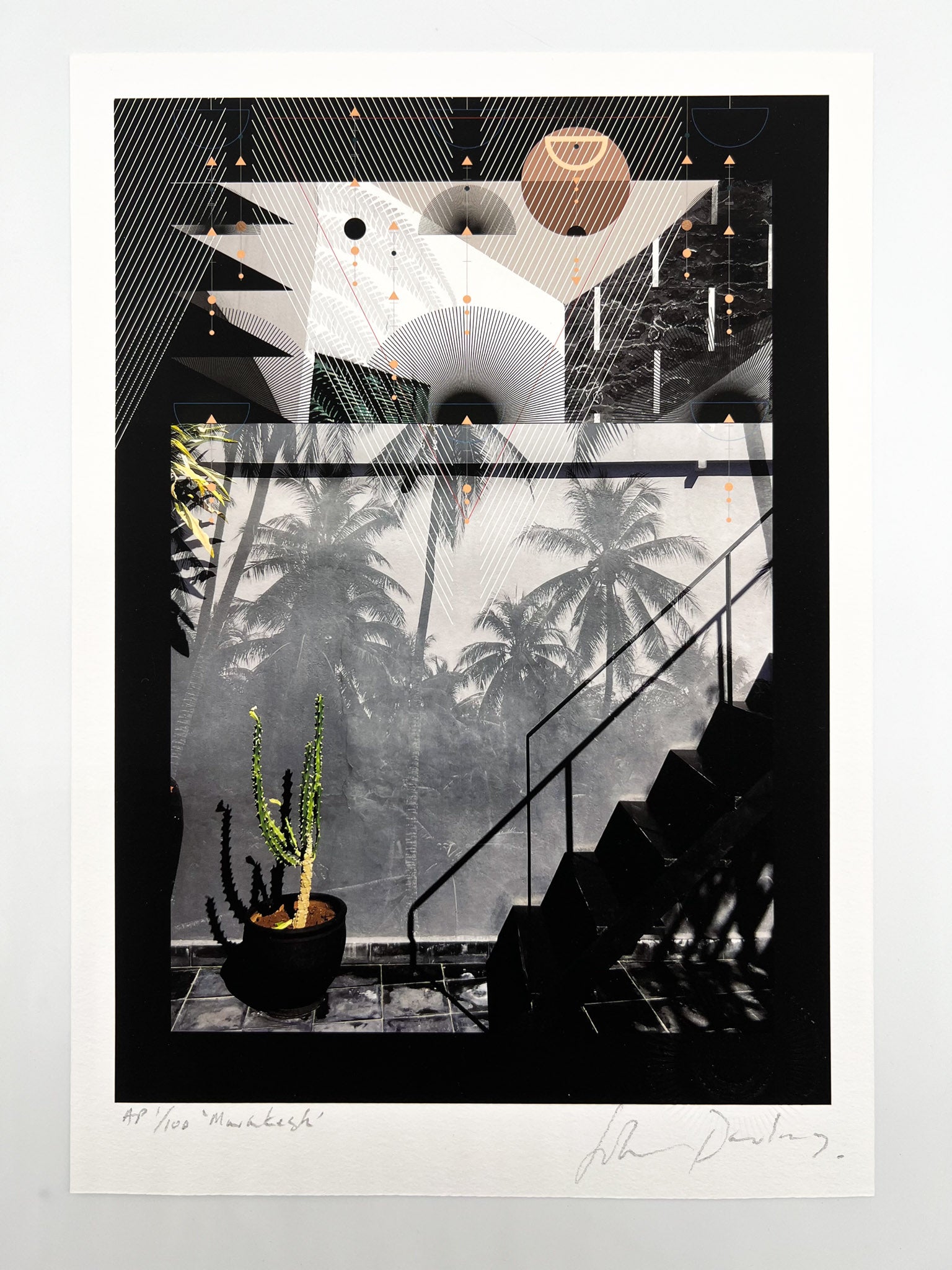 A giclee print with stairs, cactus, palm trees and overlaid geometric shapes in black white and pink