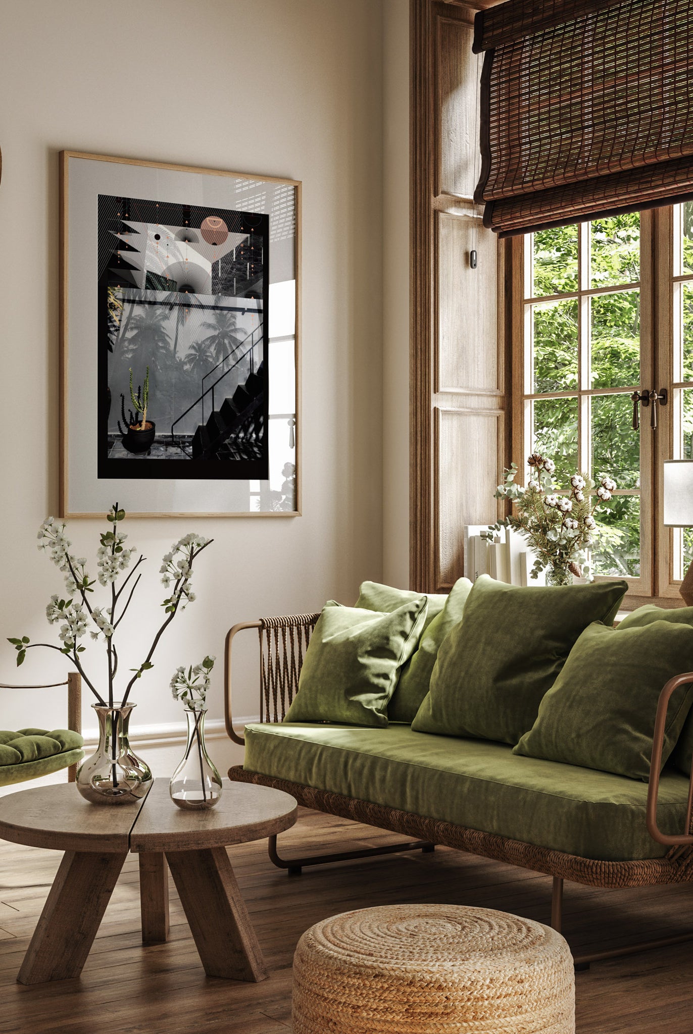 A mock up of a giclee print in a wooden frame in a living room
