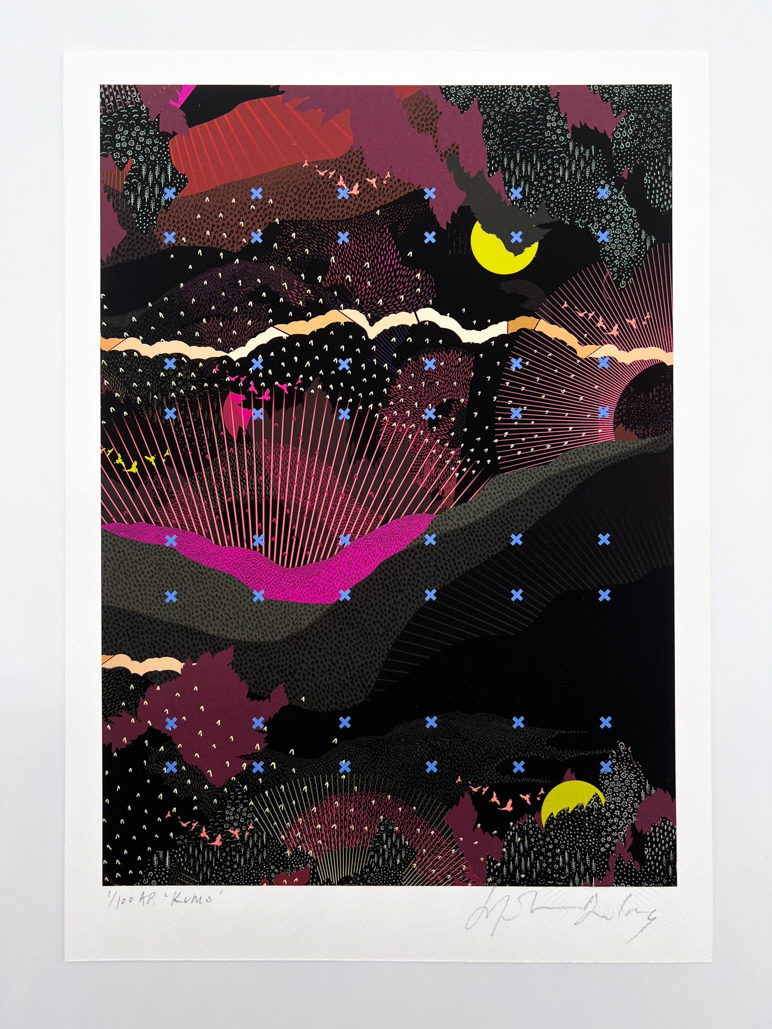 A giclee print with landscape design in greens and pinks with lime green moon details