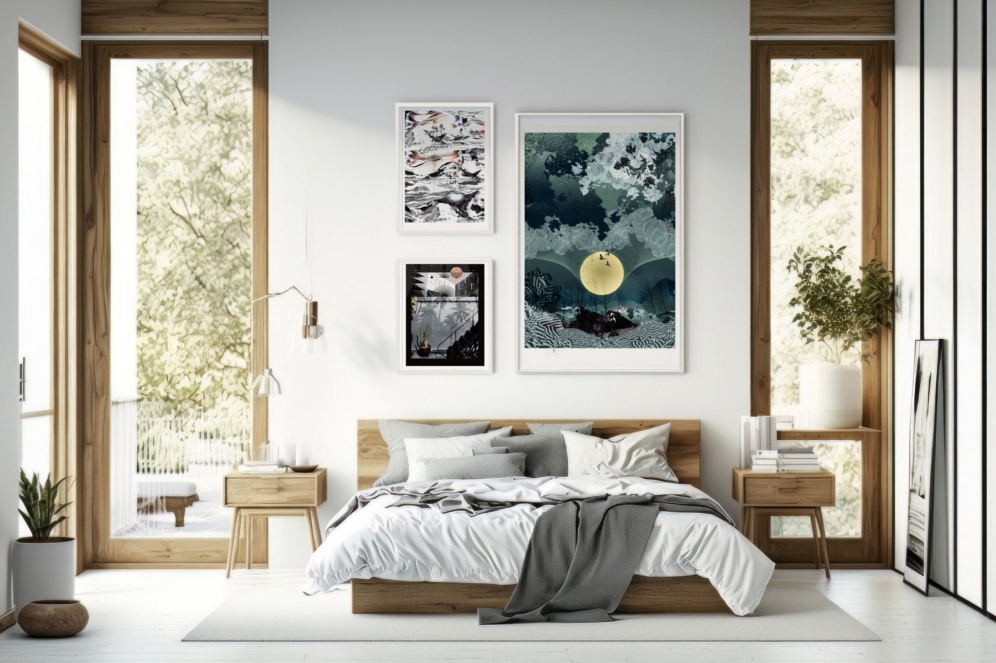 A mockup of New Moon giclee print in a white frame on a bedroom wall