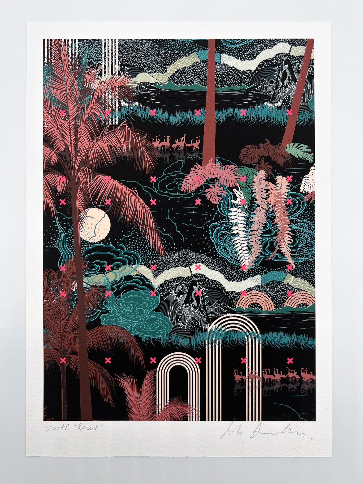 A giclee print of a landscape scene with palm trees and botanical plants in greens and wine red