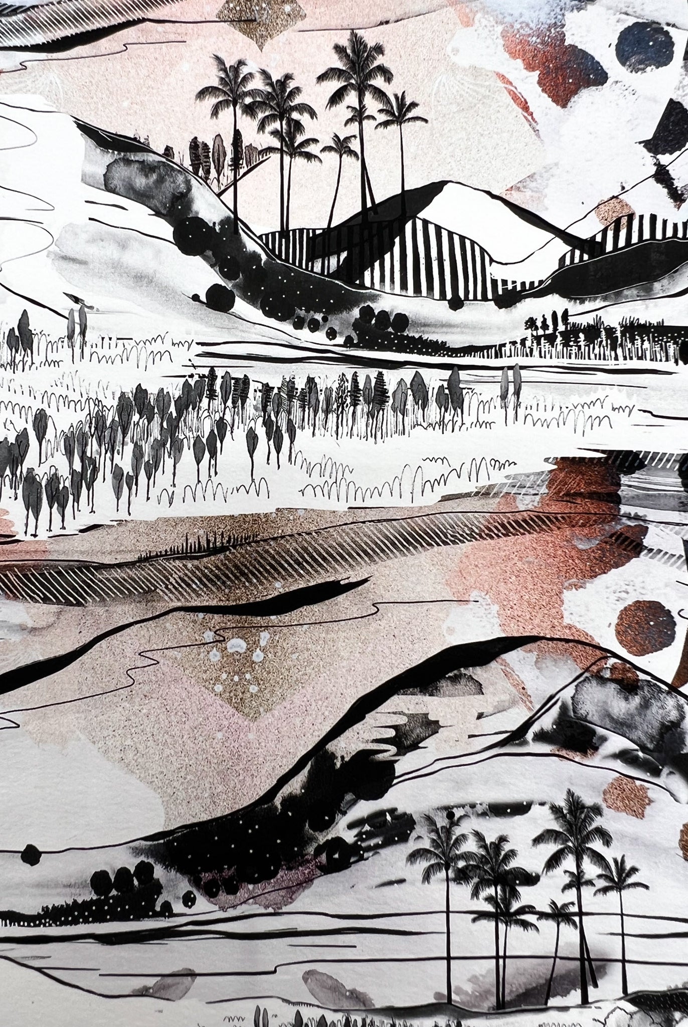 A close up of a giclee print of a landscape design in black, white and soft peachy tones