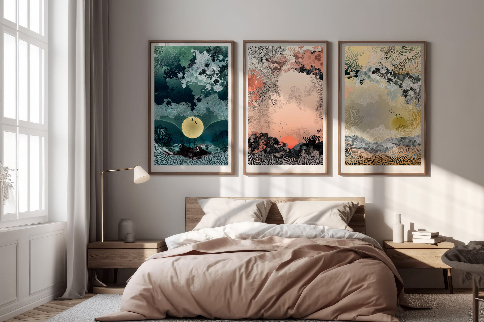 A mock up of a giclee print with Sunrise design in oranges and blacks in a wood frame, above a bed