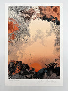 A giclee print with Sunrise design in oranges and blacks