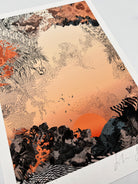 A giclee print with Sunrise design in oranges and blacks