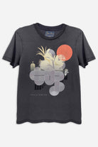 Black t-shirt with abstract design on a white background