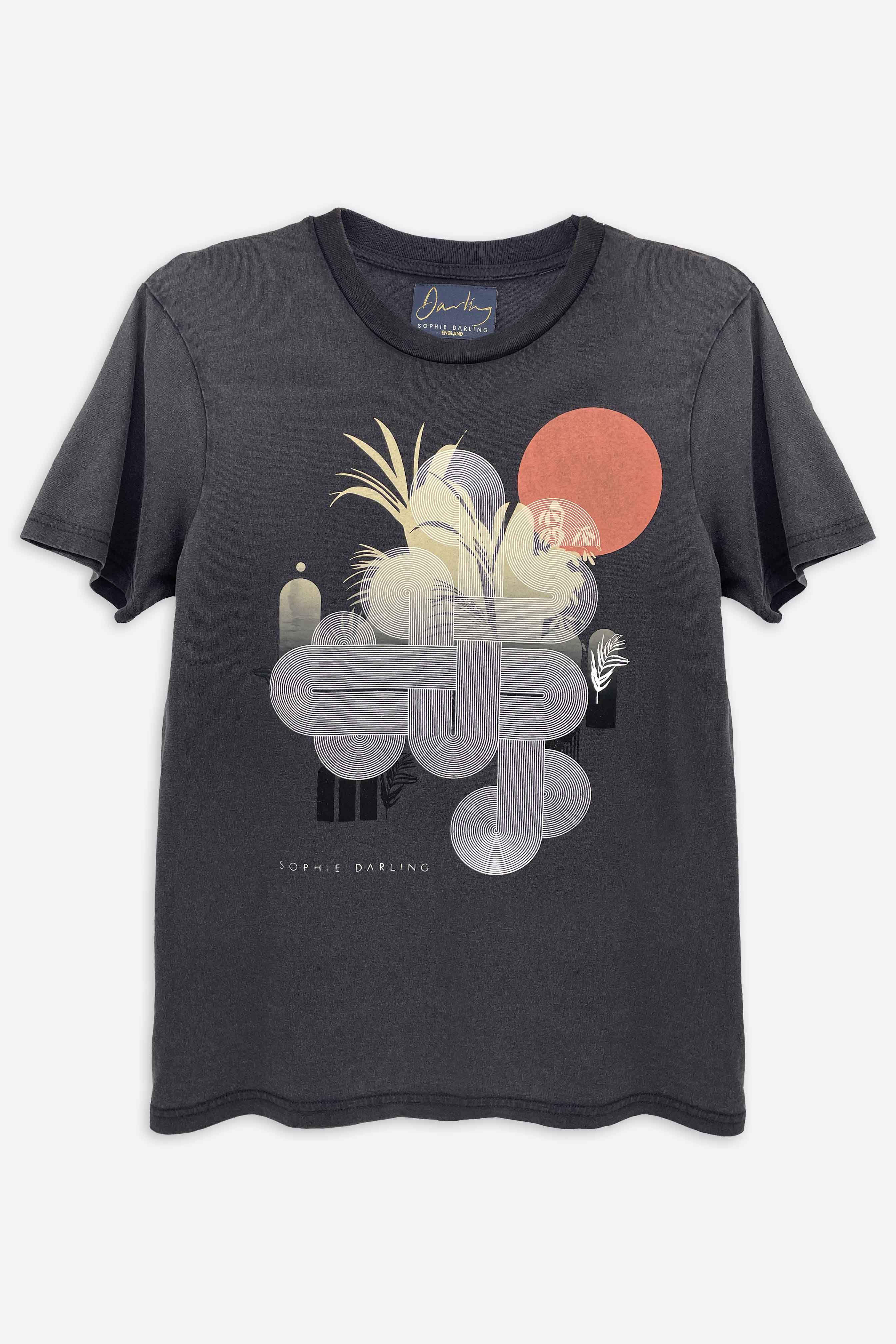 Black t-shirt with abstract design on a white background