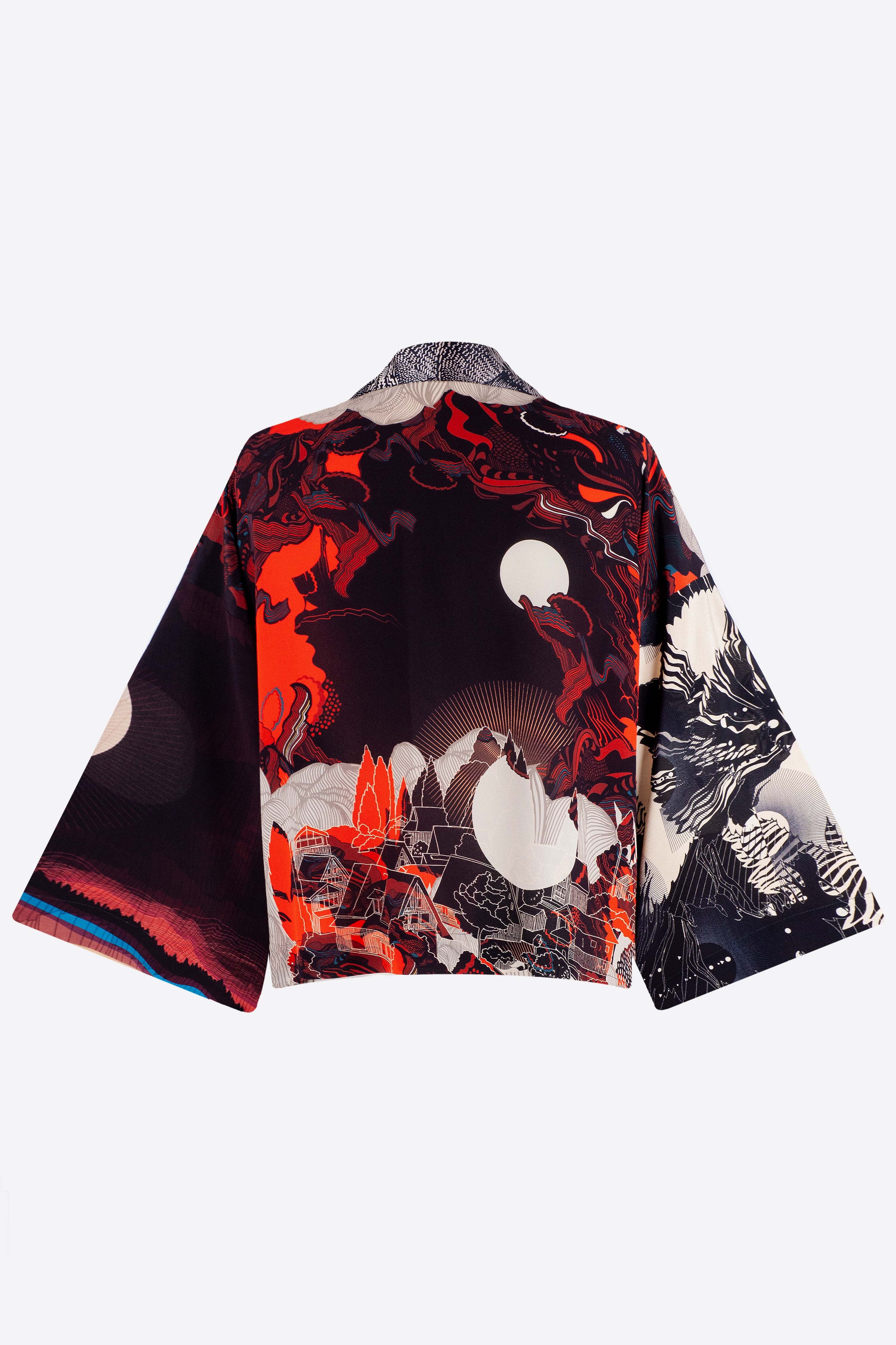 The back of a silk cropped kimono jacket