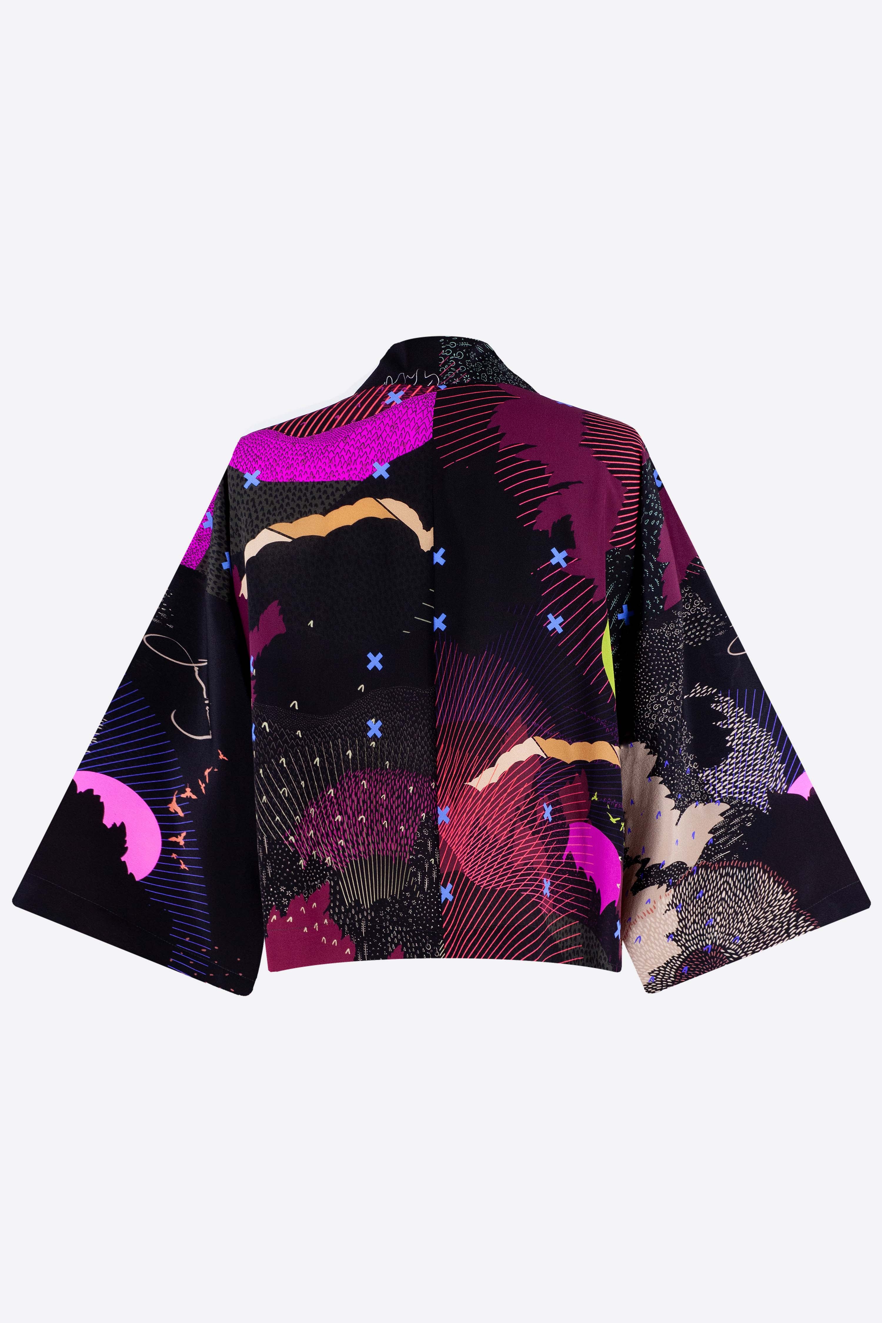 The front of a silk cropped kimono jacket