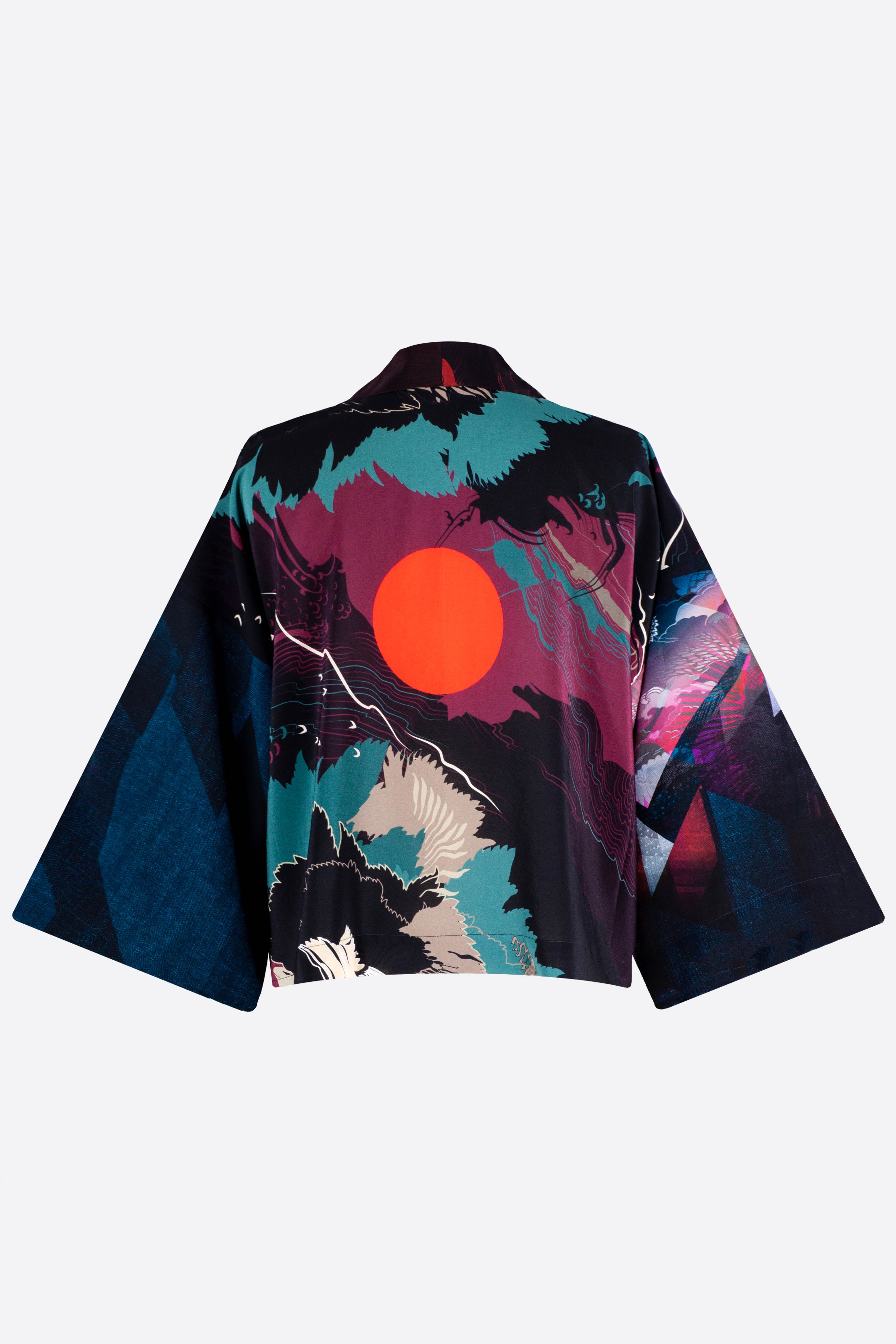 The front of a silk cropped kimono jacket