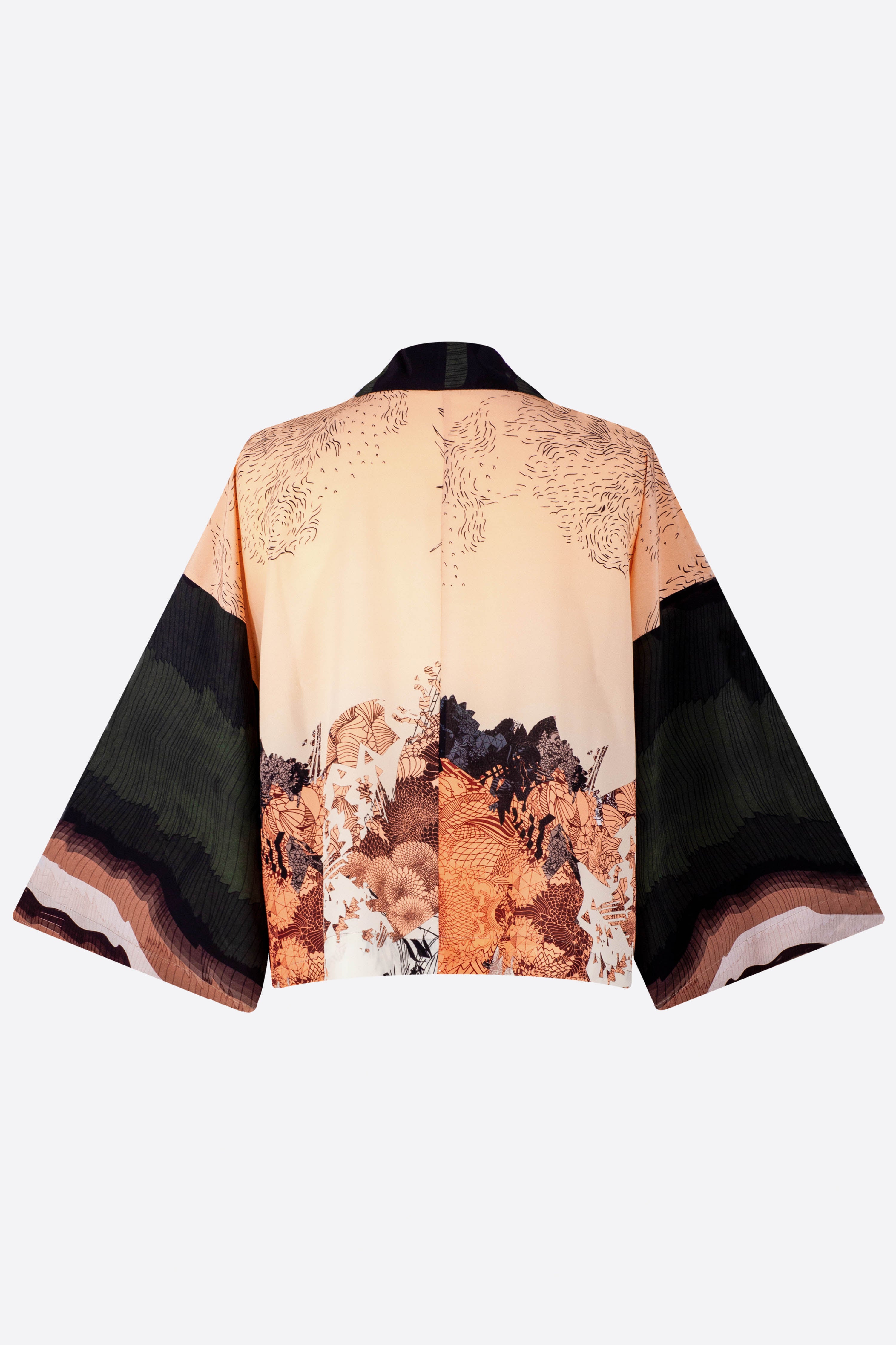 The back of a silk cropped kimono jacket