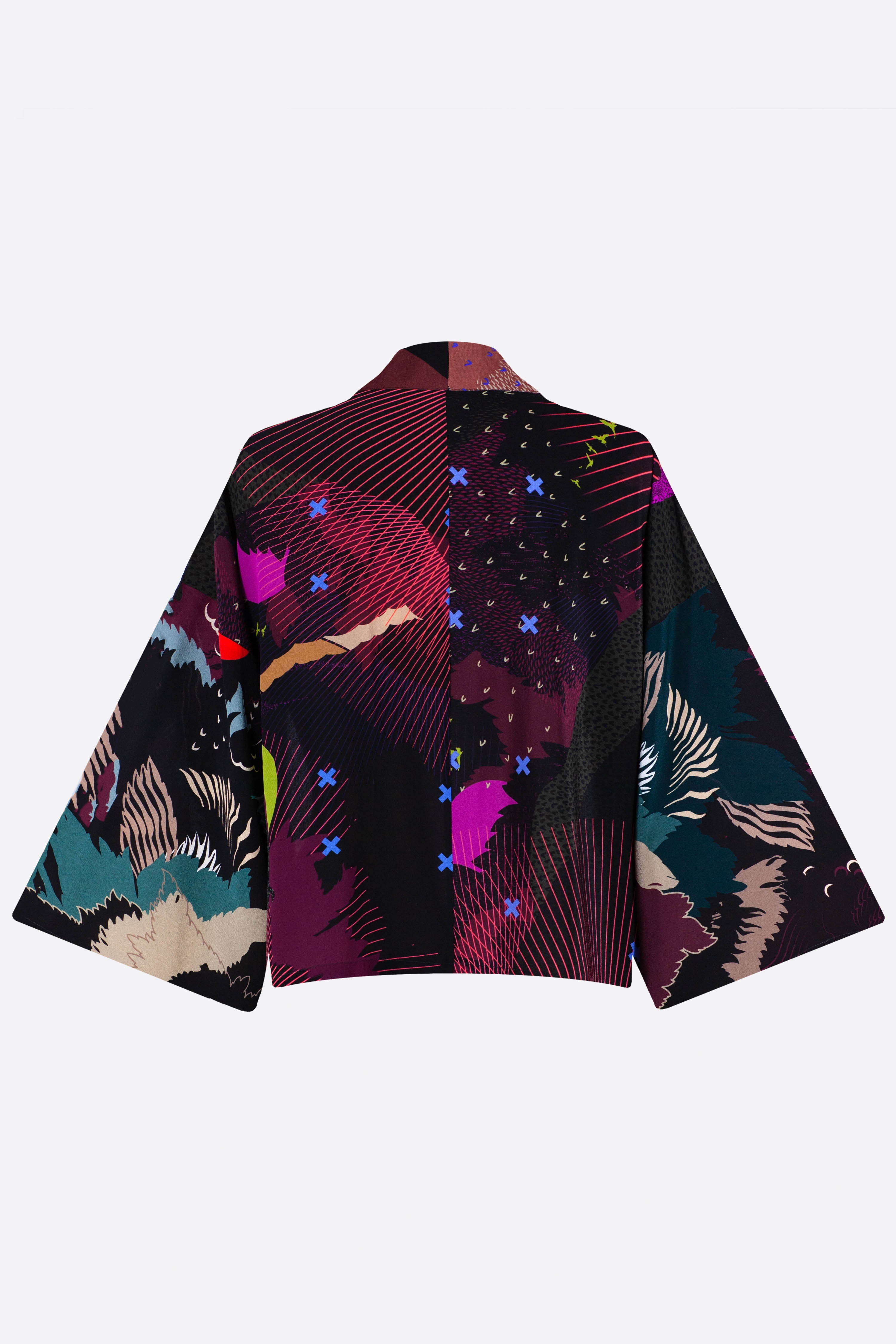 The front of a silk cropped kimono jacket