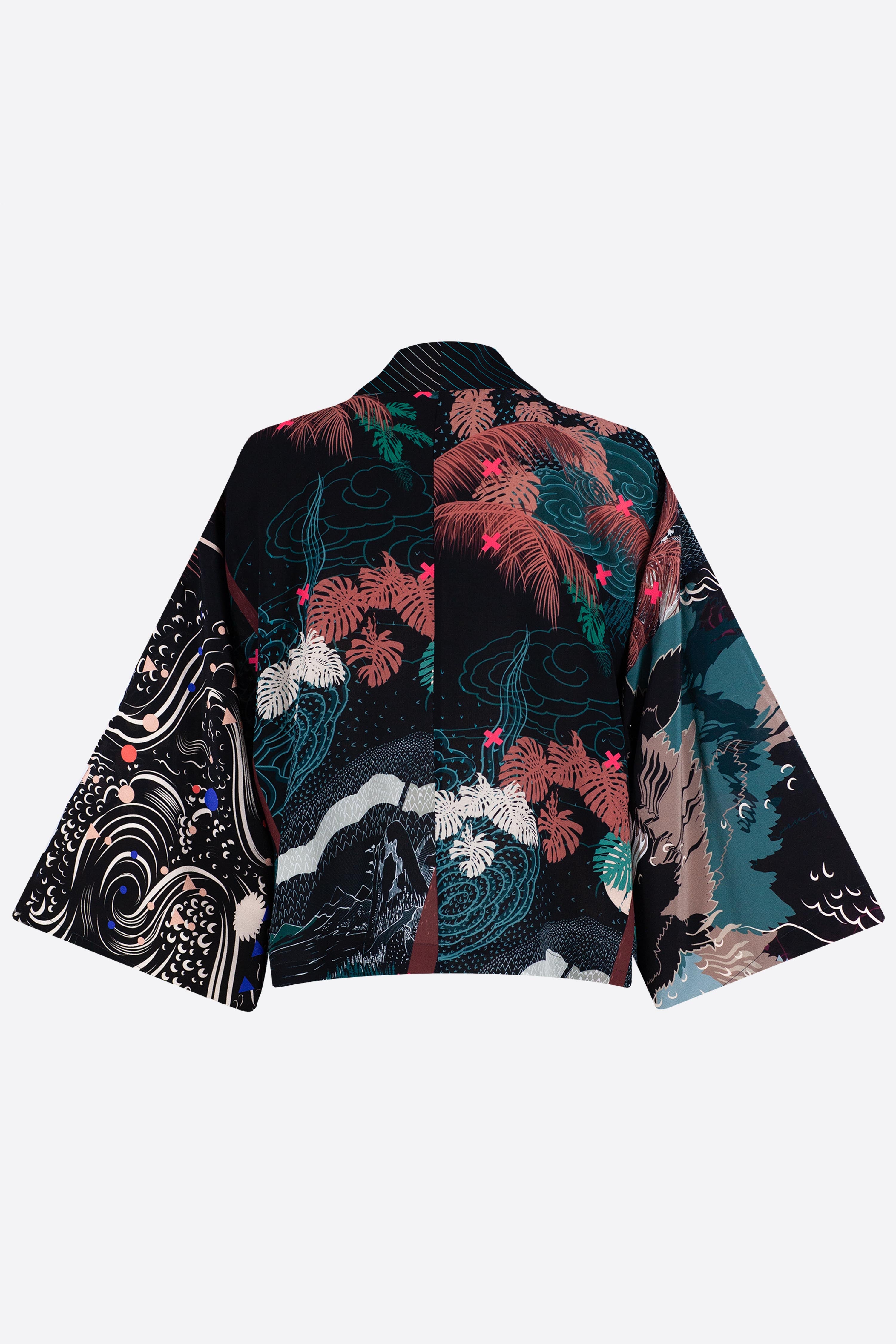 The front of a silk cropped kimono jacket