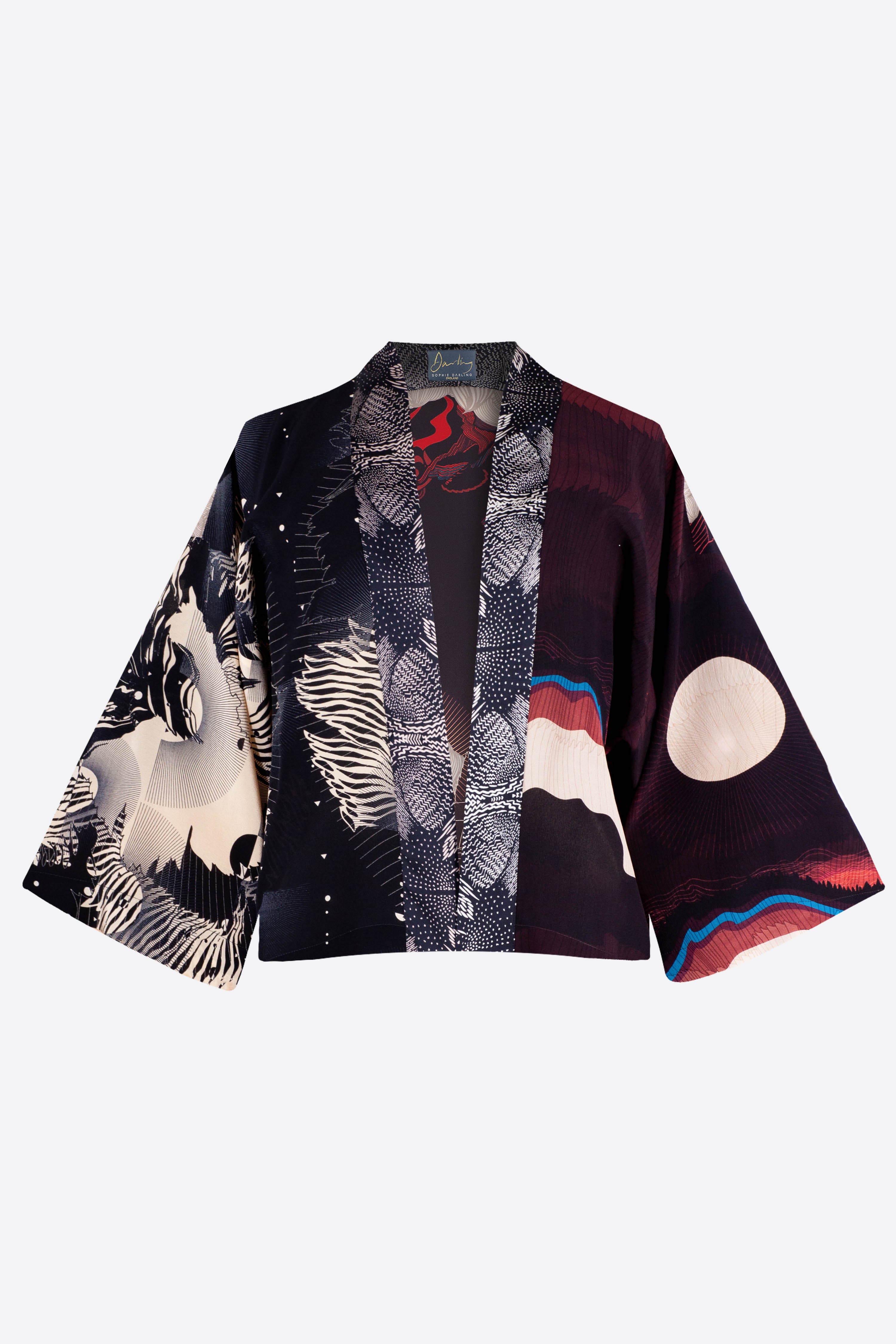 The front of a silk cropped kimono jacket