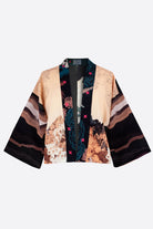 The front of a silk cropped kimono jacket