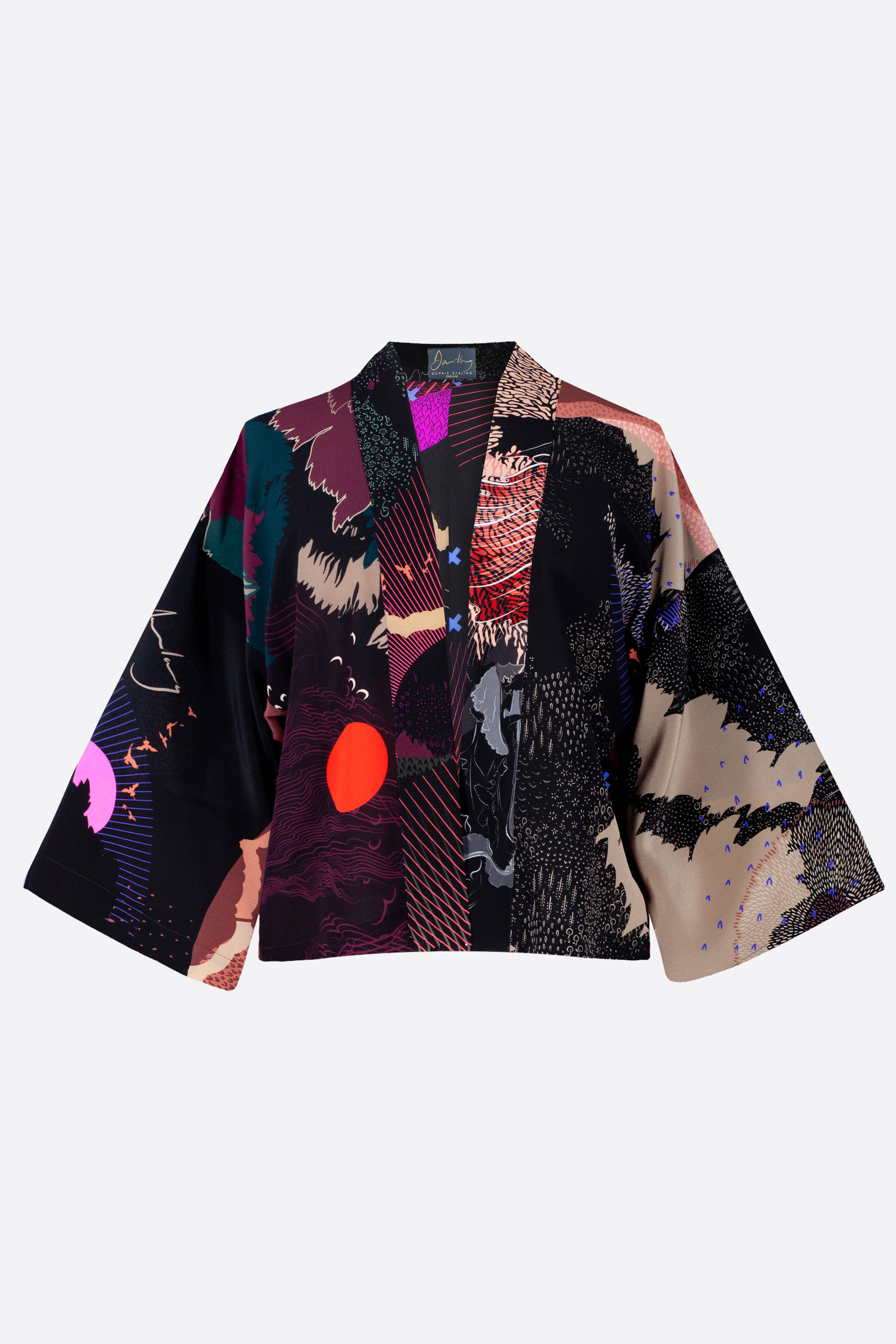 The front of a silk cropped kimono jacket