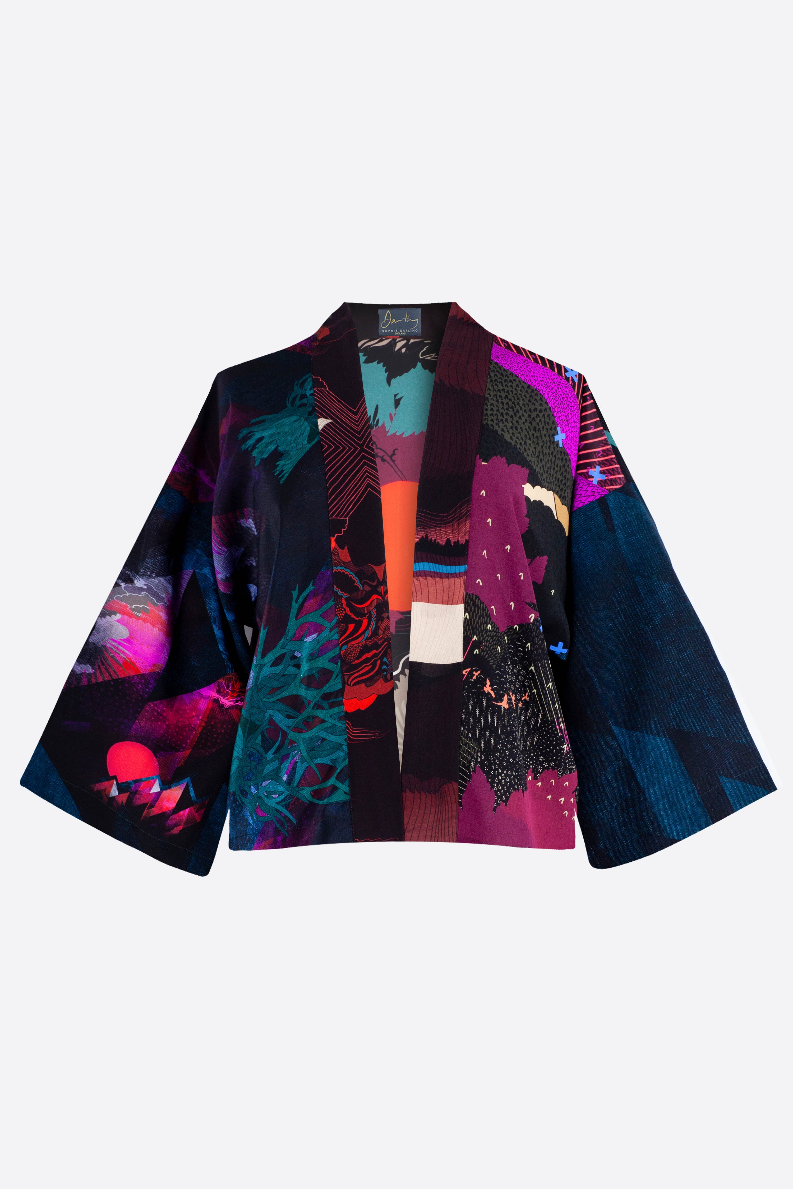 The front of a silk cropped kimono jacket