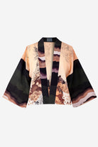 The front of a silk cropped kimono jacket
