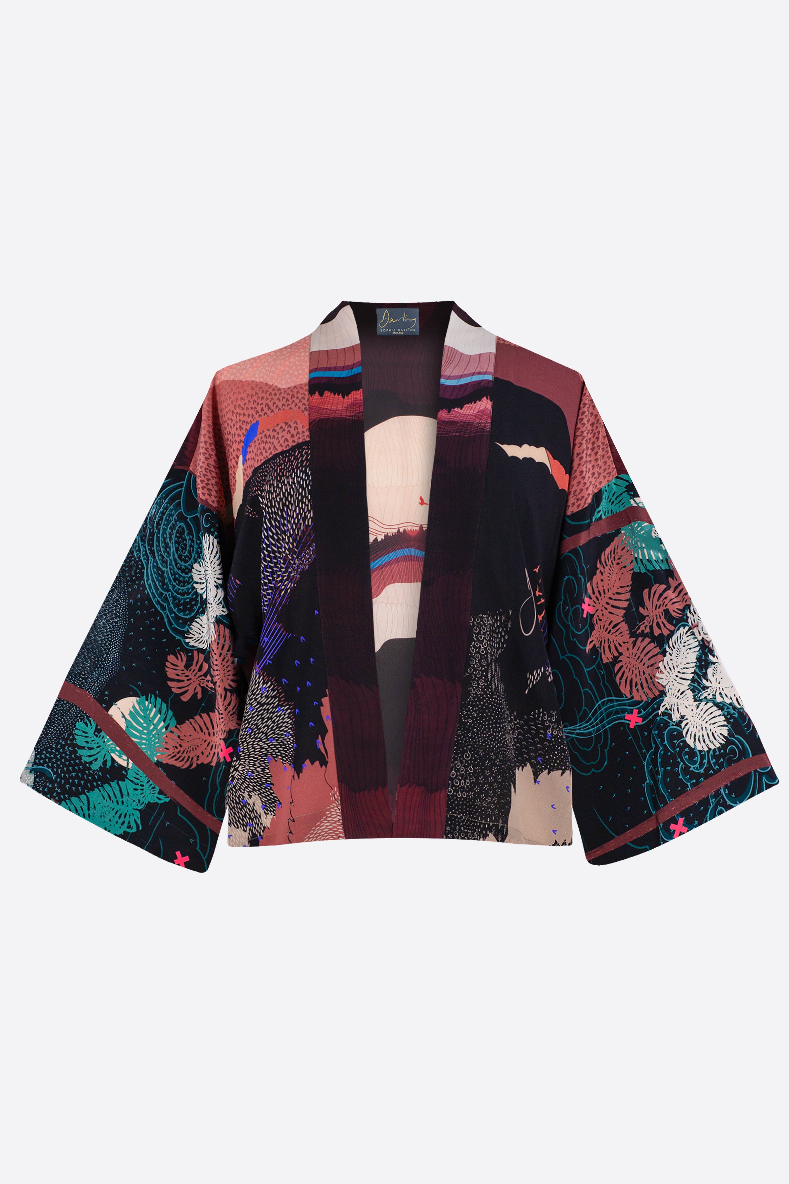 The front of a silk cropped kimono jacket