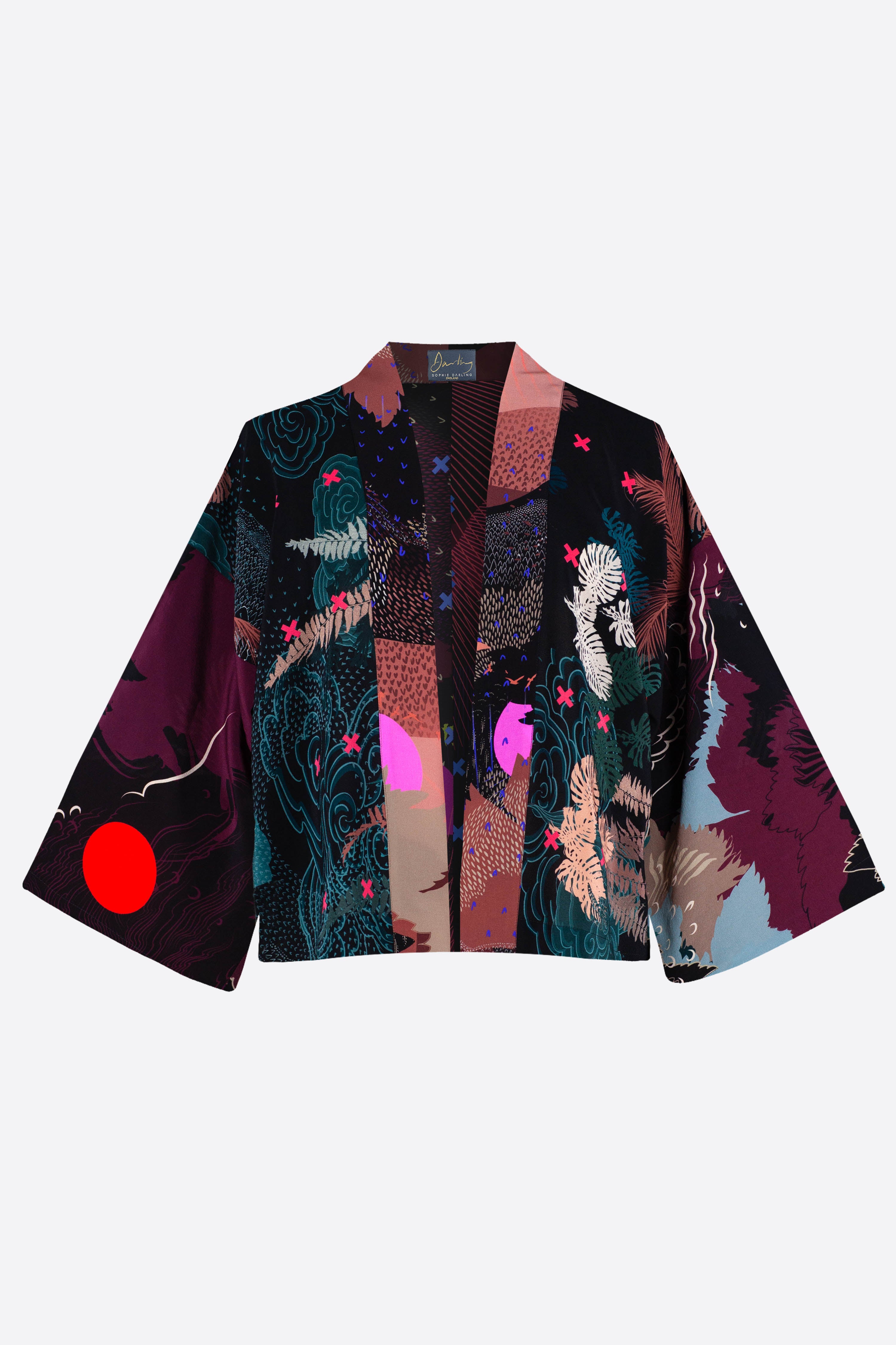 The front of a silk cropped kimono jacket