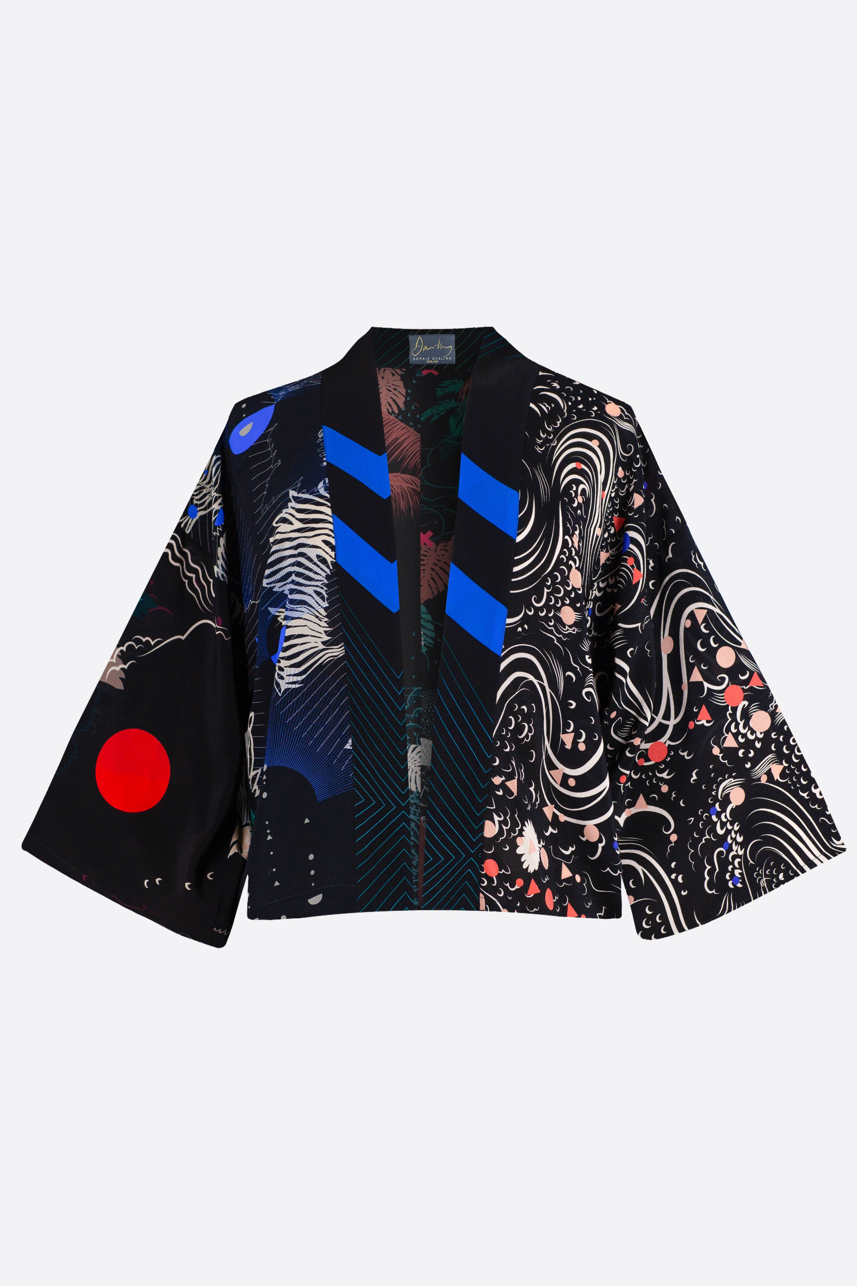 The front of a silk cropped kimono jacket