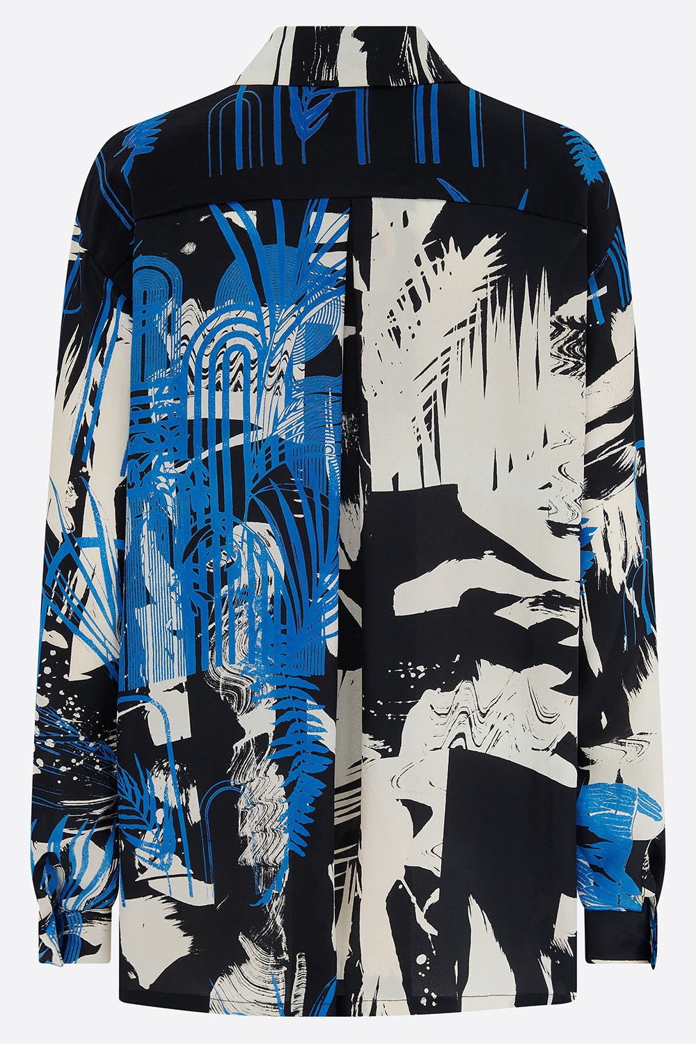 Abstract printed silk shirt with blue, black, and white design on a white background