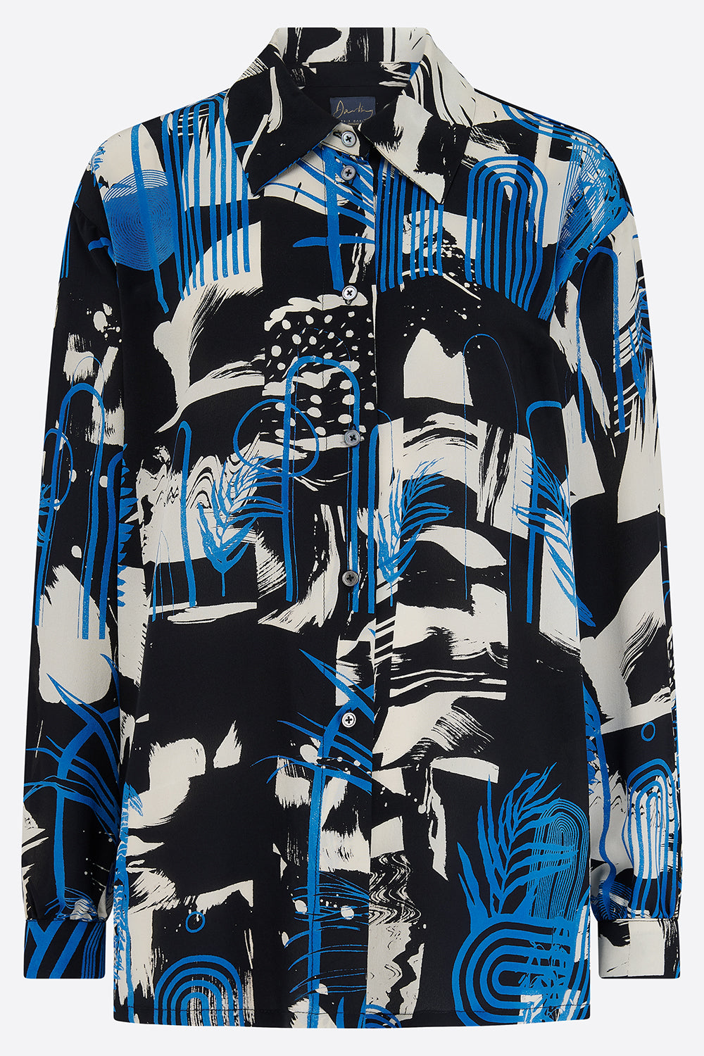 Printed silk shirt with blue, black, and white design on a white background