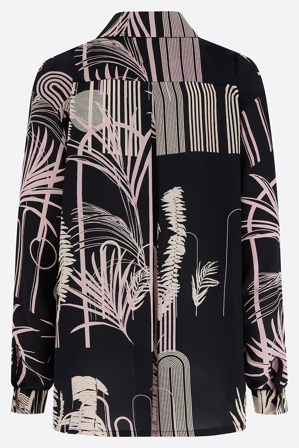 Hand printed silk shirt with pink and white abstract pattern on a white background