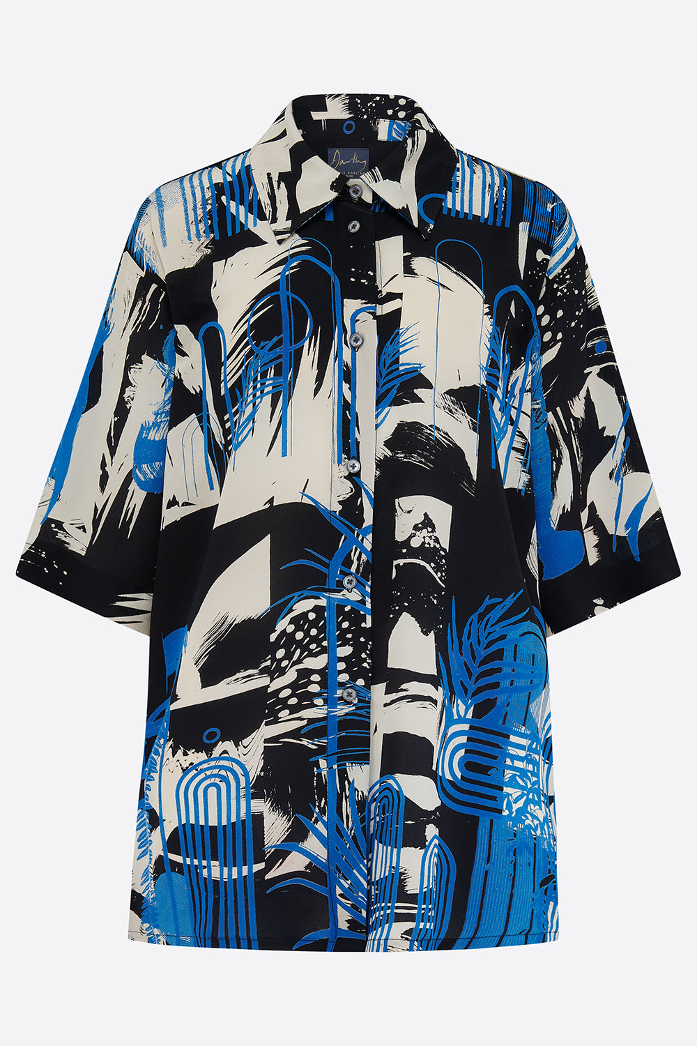 Hand printed silk shirt with blue and white abstract print on black background 
