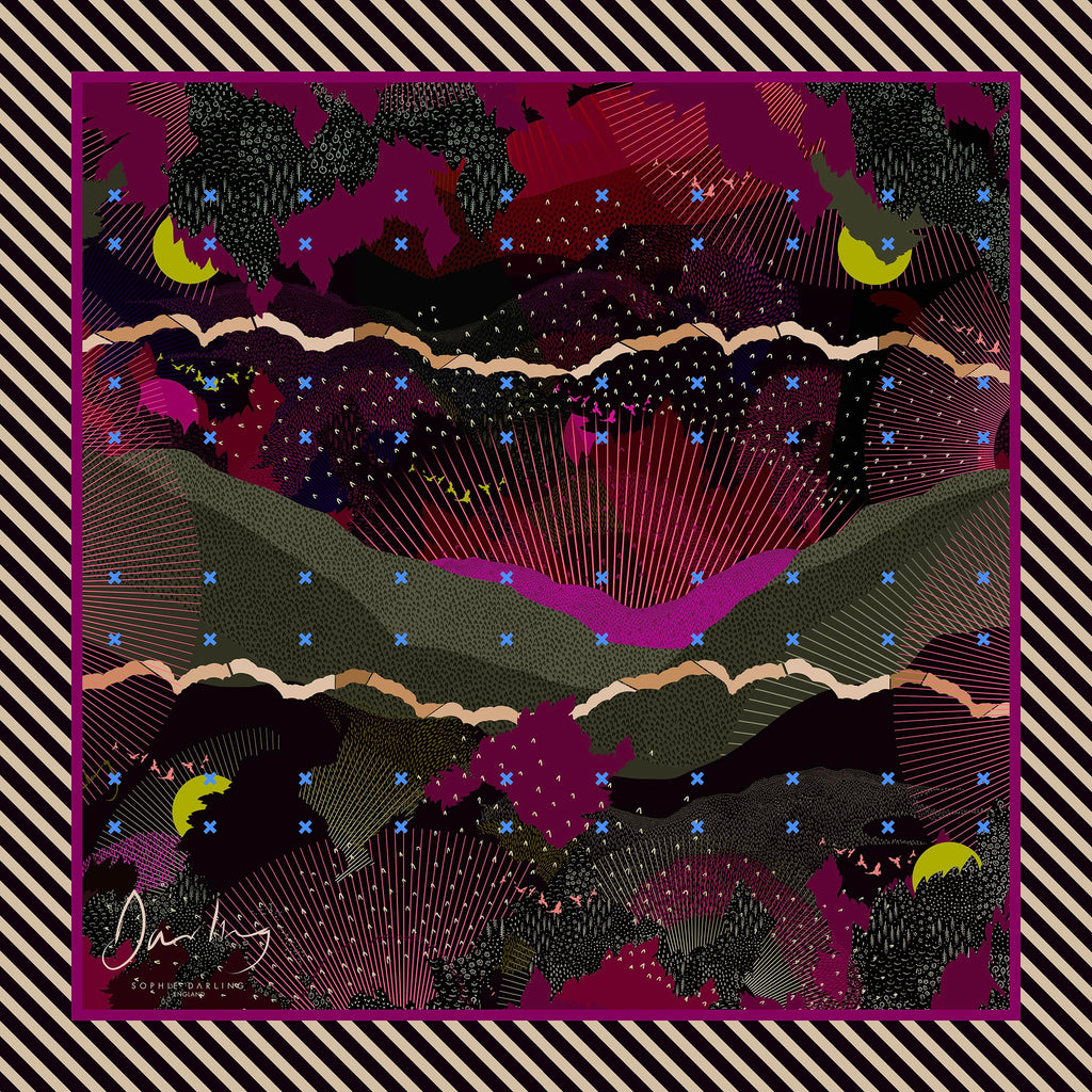 Print design for a large silk scarf in purples, pinks, and greens with a striped edge detail