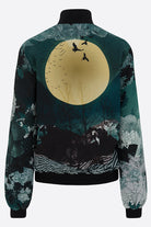 Back of a Silk Bomber Jacket with a large yellow moon, birds and a blue landscapes design