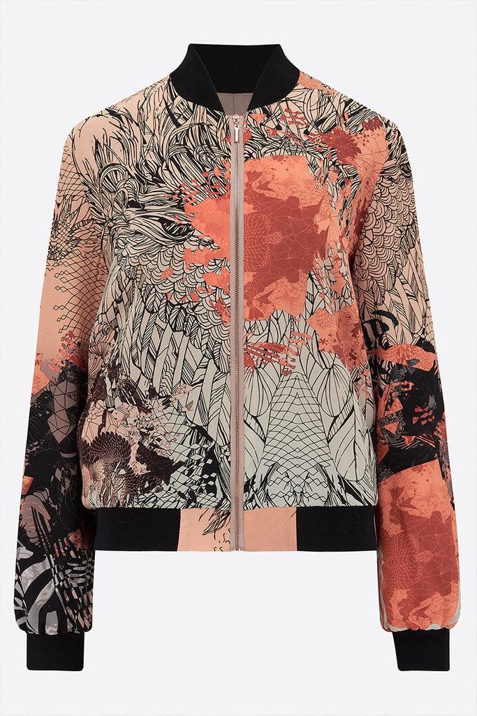 The front of a Silk bomber jacket in orange and black with sunrise design