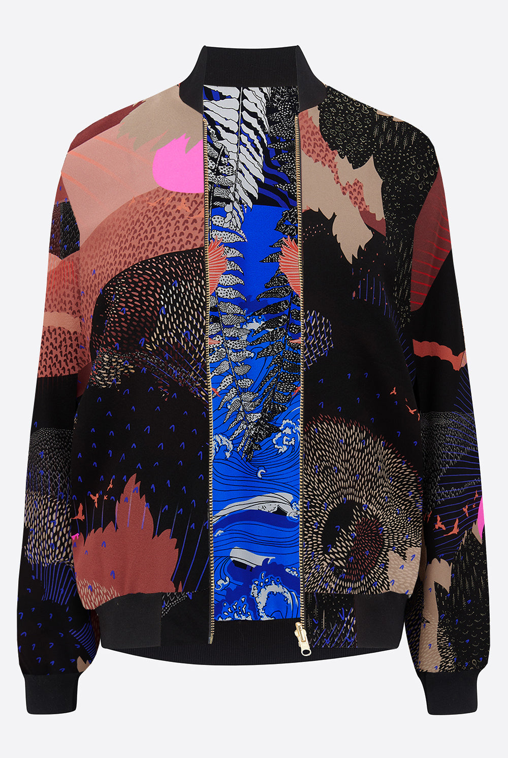 A reversible silk bomber jacket with pink, blue and black 