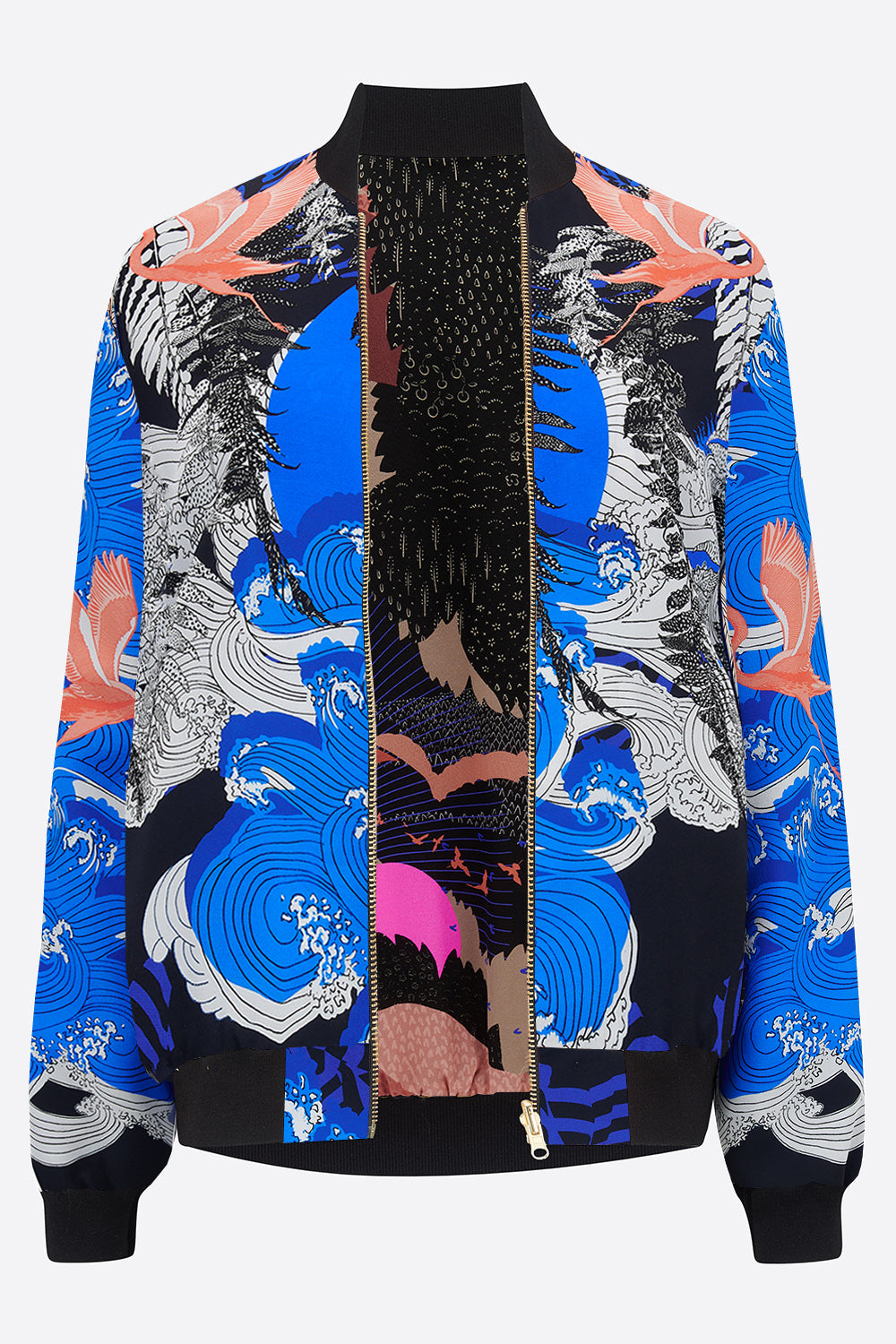 A silk printed bomber jacket with pink, blue and black 