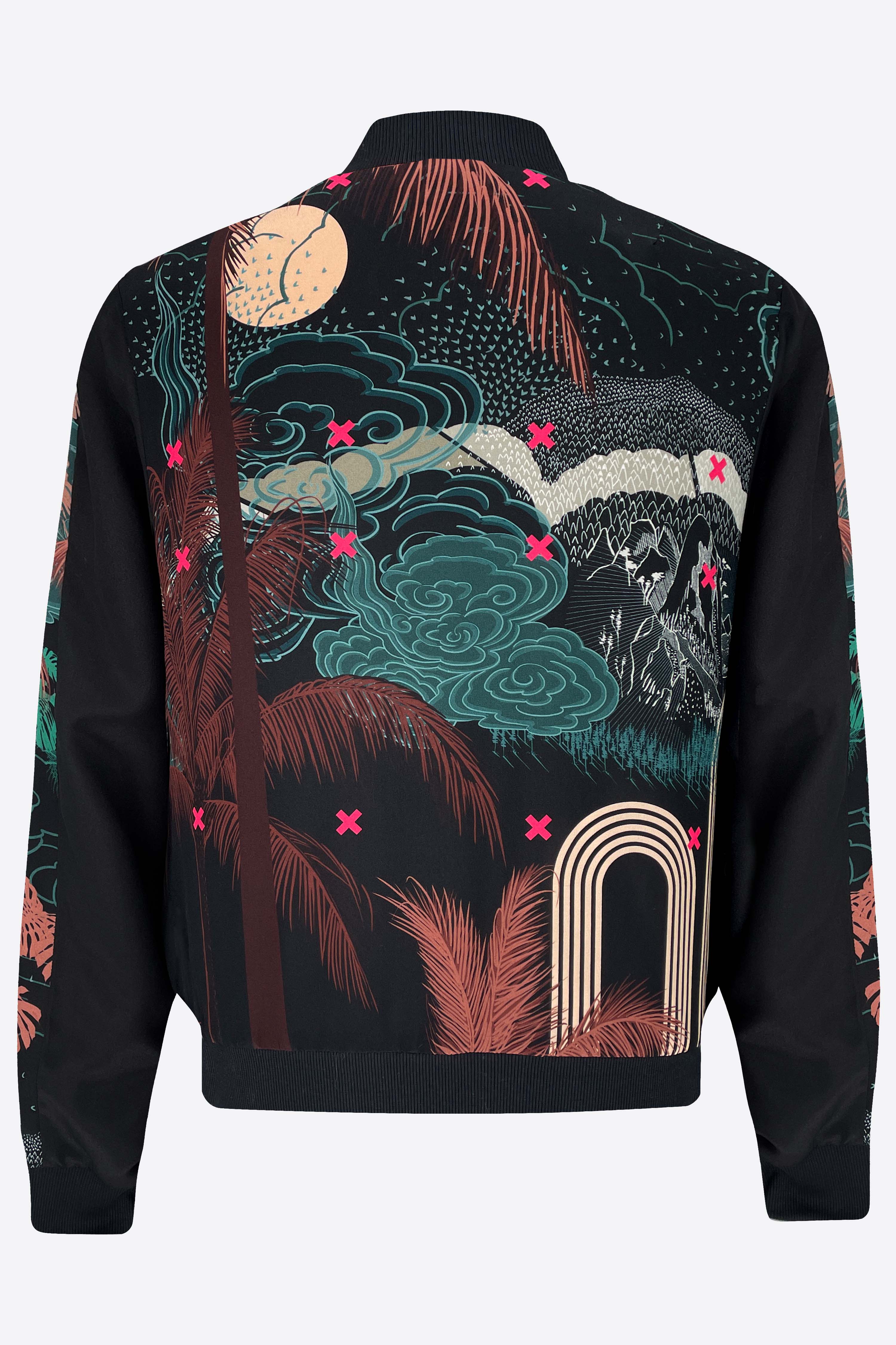 Men's silk bomber jacket in black with a Rumi panel on the back and decorative elements in green and pink shades on the front. It features a black zipper and rib detailing.