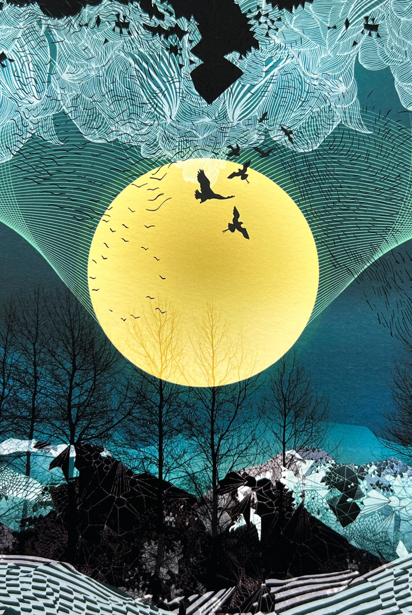 A close up of a giclee print of a large yellow moon, birds and a blue landscapes design