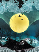 A close up of a giclee print of a large yellow moon, birds and a blue landscapes design