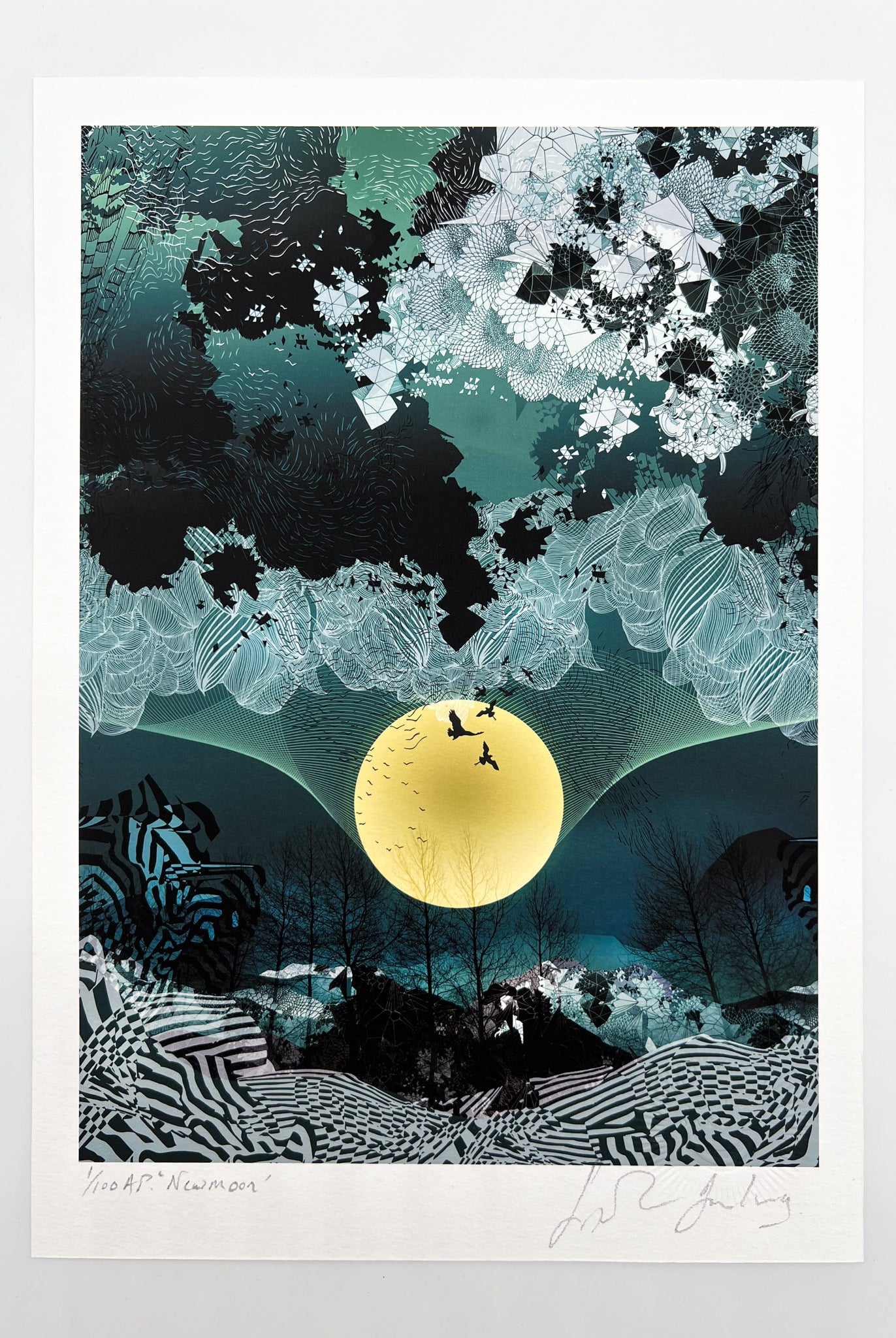 A giclee print of a large yellow moon, birds and a blue landscapes design