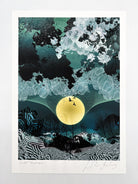 A giclee print of a large yellow moon, birds and a blue landscapes design