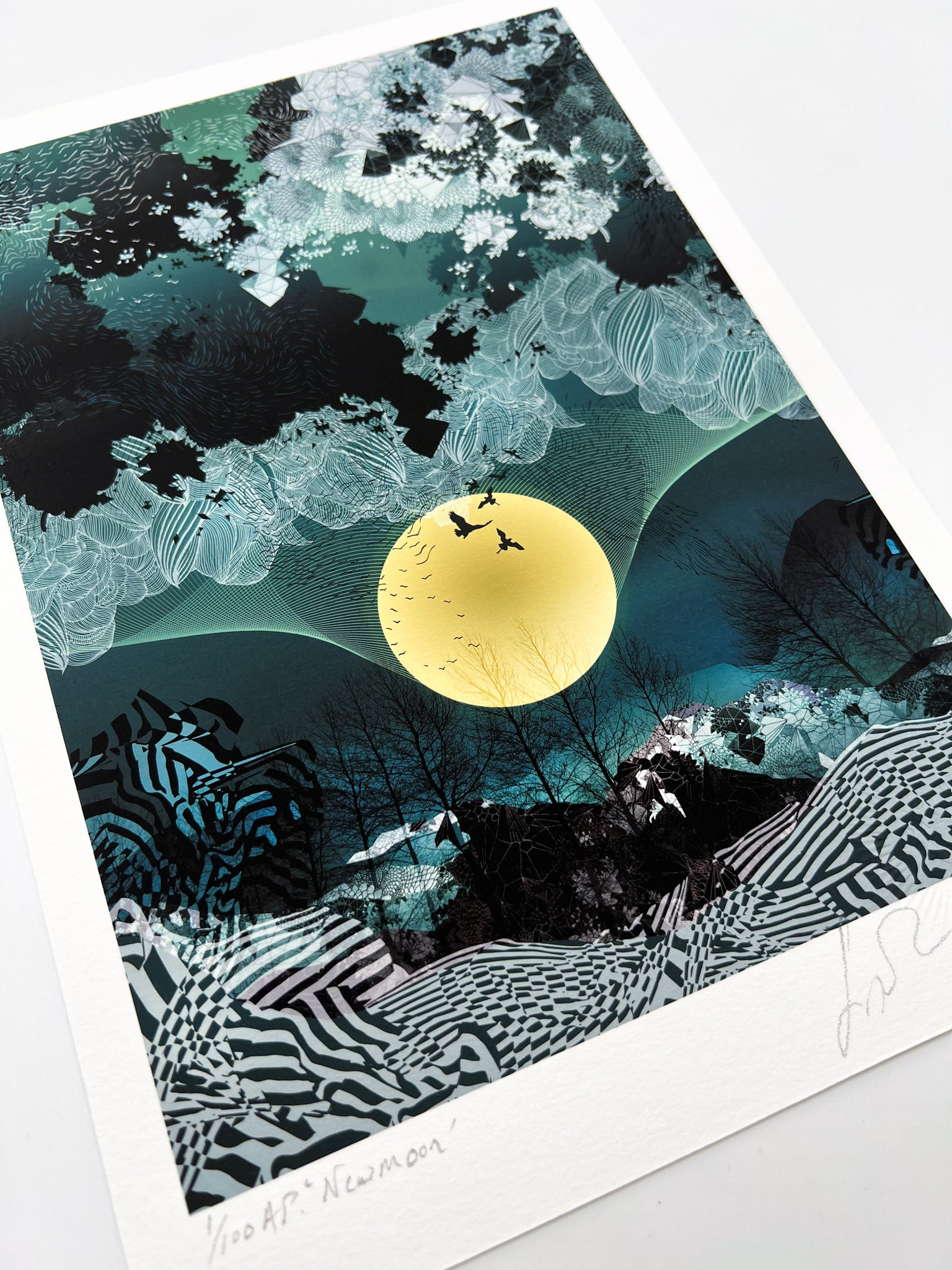 A giclee print of a large yellow moon, birds and a blue landscapes design